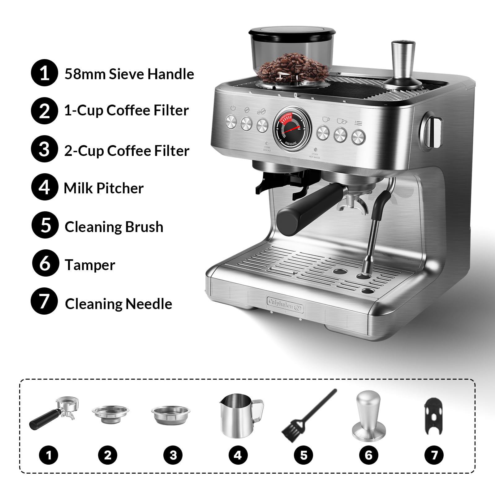 Garvee 20 Bar Espresso Machine, Espresso Maker with Grinder and Milk Frother Steam Wand, Professional Coffee Machine with 96 Oz Removable Water Tank for Cappuccino Latte, Silver
