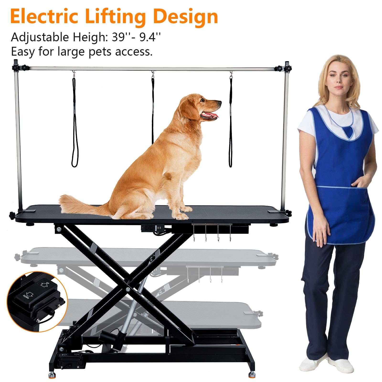 Towallmark 60" Electric Dog Grooming Table, Heavy Duty Steel Frame, Max Load 350Lbs, Professional Pet Grooming Table for Dogs & Cats, Black, Aluminum, Modern Style