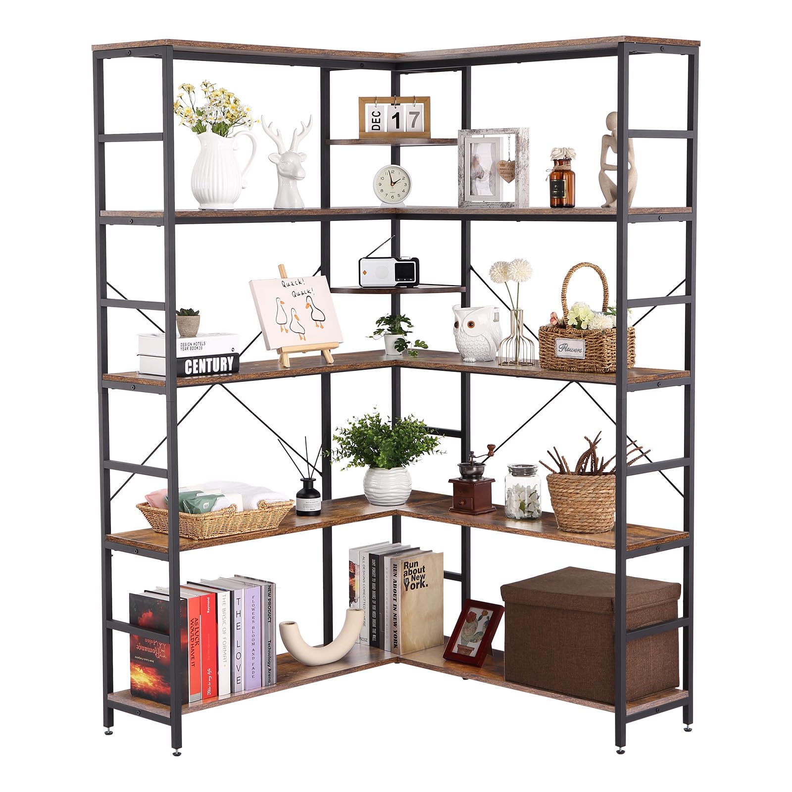 GarveeHome Bookcases and Bookshelves,5-Tiers Corner Bookcase with Curved Panels,Corner Shelf L-Shaped Book Shelves Display Storage Rack with Metal Frame for Living Room Home Office, Rustic Brown