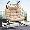YITAHOME Double Hanging Egg Swing Chair Patio Love Seats 2 Person Couple Wicker Rattan Chair Outdoor Egg Chair with Cushions 550lbs for Patio, Poolside, Balcony,Round Khaki