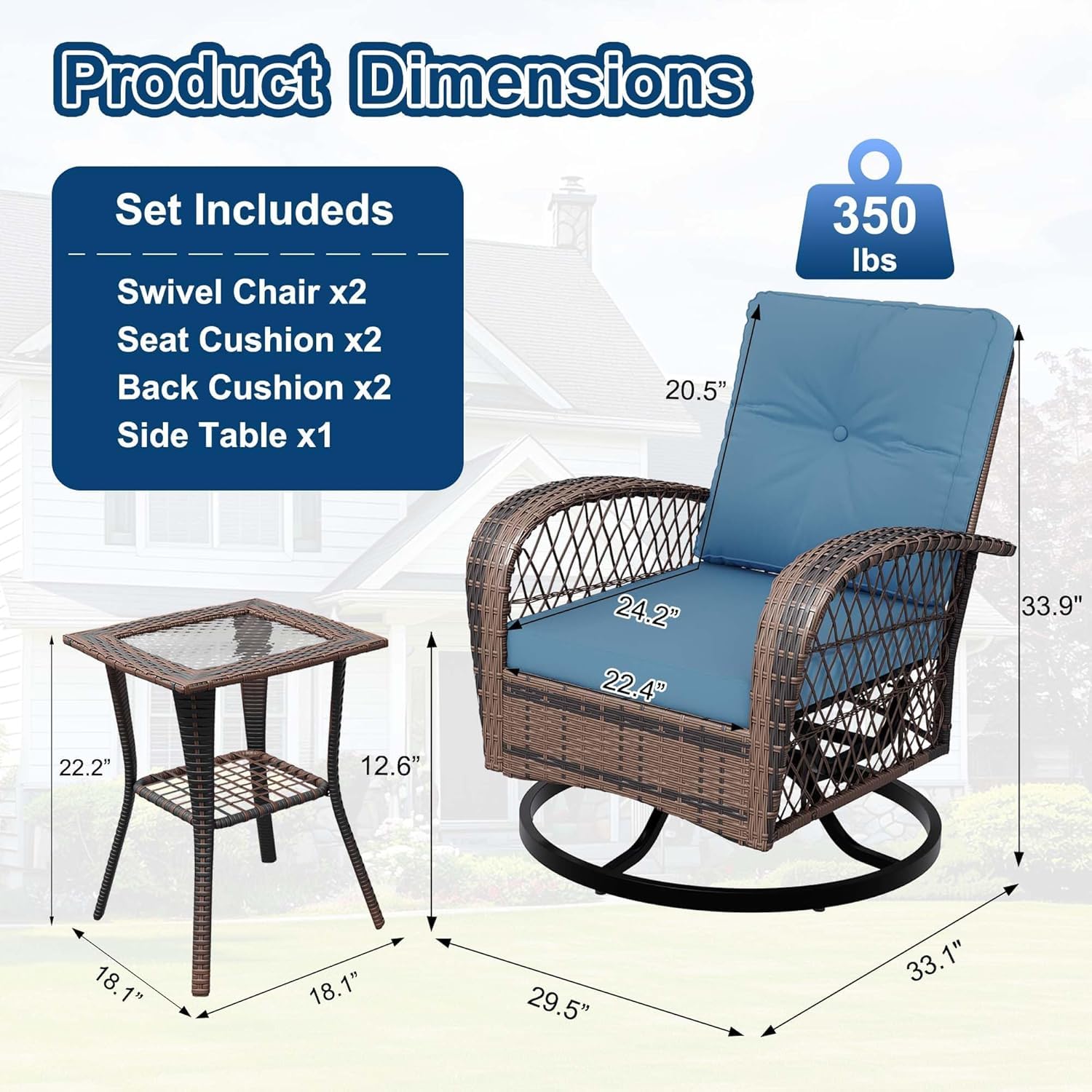 3-Piece Swivel Rocking Patio Chairs Set with 2 360-Degree Swivel Rocking Chairs and Tempered Glass Top Side Tabl, Outdoor Wicker Patio Bistro Set With Thickened Cushions for Poolside/Garden/Deck（Blue）