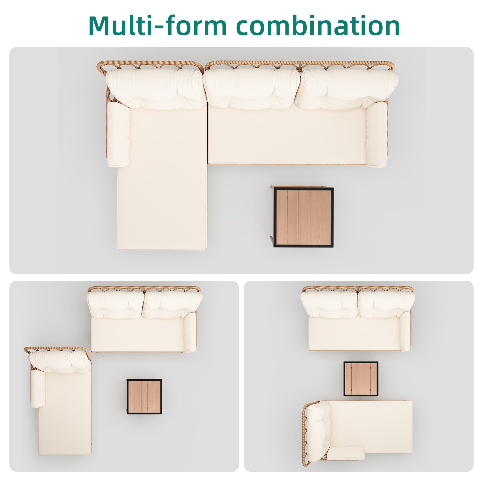 YITAHOME Patio Furniture Set, 3-Piece Outdoor Wicker Conversation Sectional L-Shaped Sofa with 4 Seater for Backyard, Porch, Boho Detachable Lounger with Cushions and Coffee Table - Beige