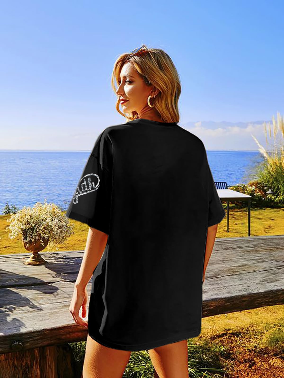BANGELY Faith Over Fear Shirt Women Graphic Shirts Oversized Workout Gym Christian Religious Tees Drop Shoulder Tee Tops