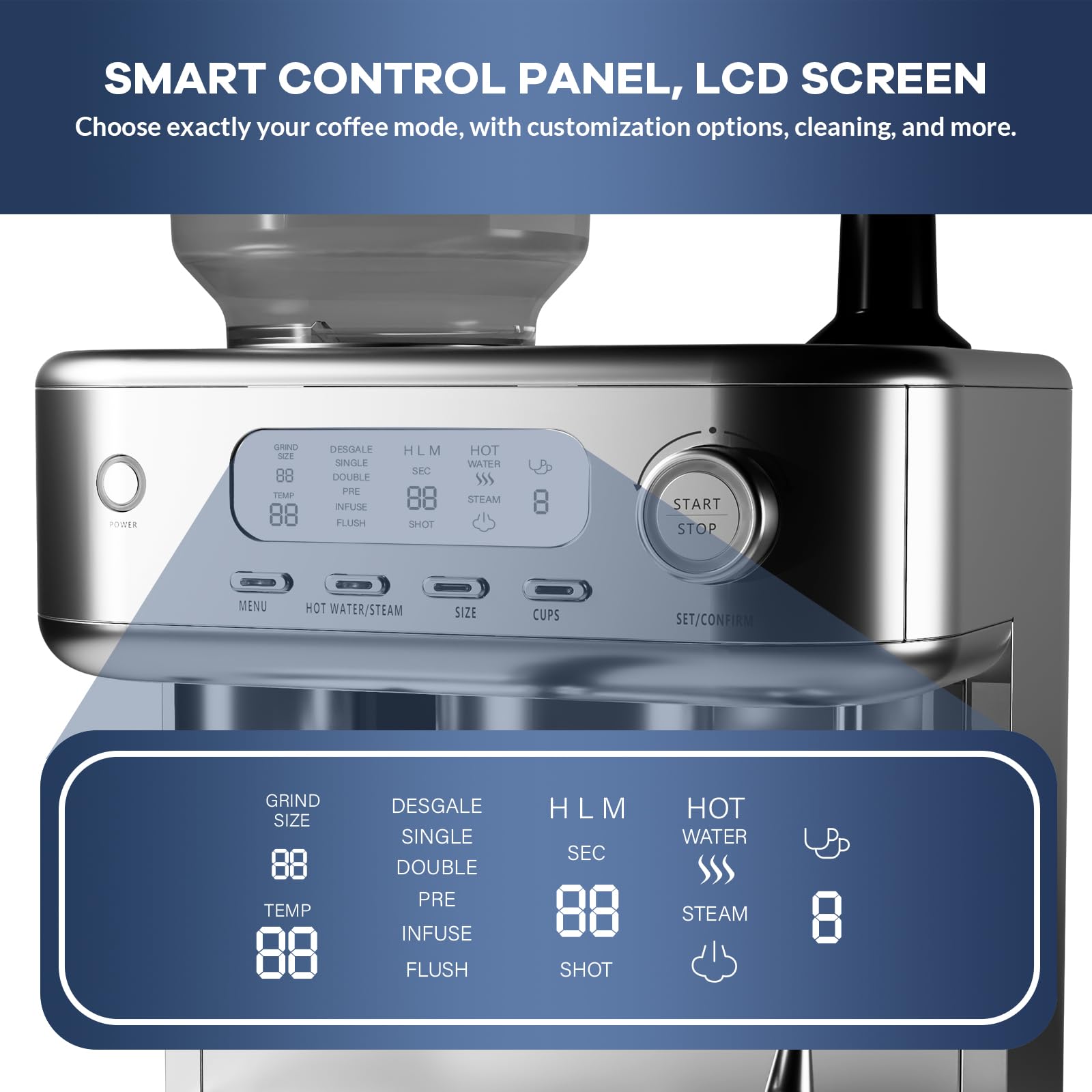 Espresso Machine with Grinder, Professional 15 Bar Espresso Maker, Cappuccino Coffee Machine with LCD Display, Steam Milk Frother, PID Temperature Control for Cappuccino, Latte - 78 Oz Water Tank
