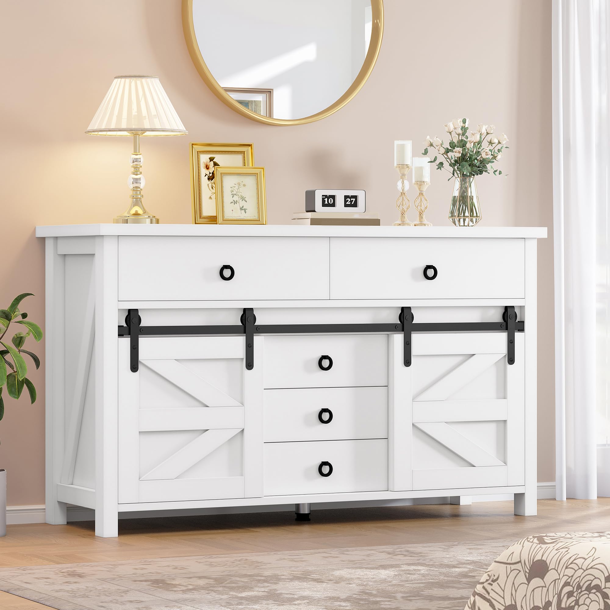 DWVO 54" Farmhouse Dresser for Bedroom, Large Modern Chest of Drawers, Wood Rustic Dresser TV Stand with 5 Drawers & 2 Sliding Barn Doors for Living Dining Room, Entryway, Hallway, White