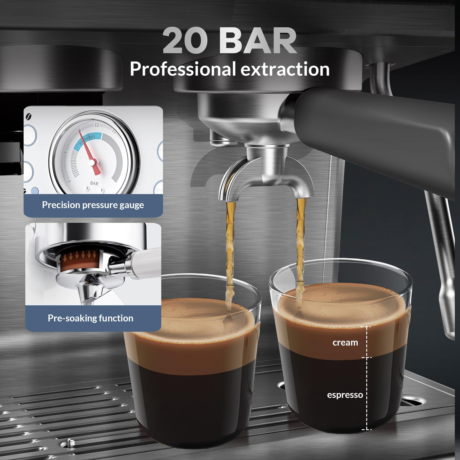 Espresso Coffee Machine, 20 Bar Professional Coffee Maker with Grinder and Milk Frother Steam Wand, 2.8L Water Tank, 15 Grinding Setting Espresso Cappuccino/Latte Machine for Home