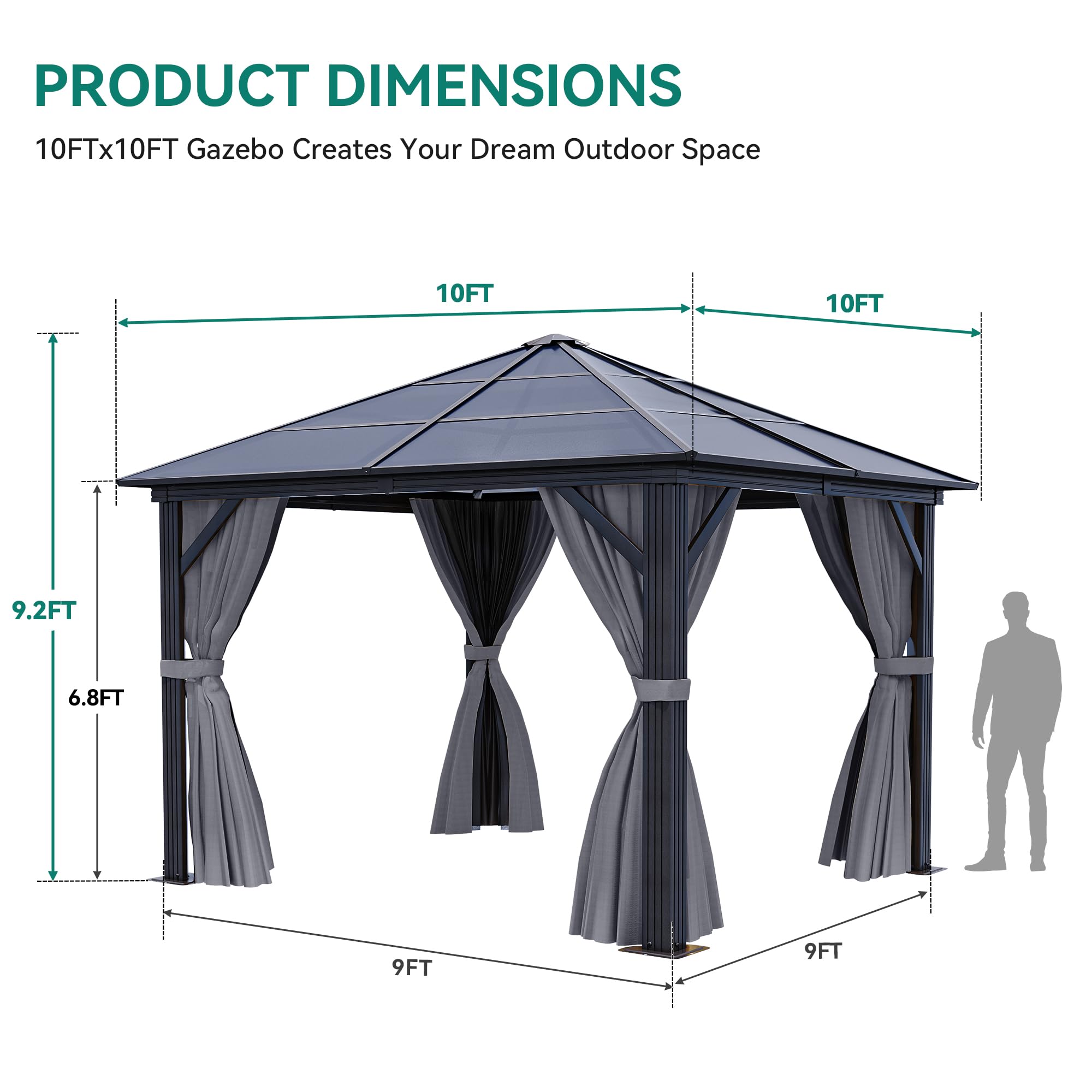 YITAHOME 10x10ft Gazebo Hardtop Outdoor Polycarbonate Canopy with Netting and Shaded Curtains, Aluminum Frame Garden Tent for Patio, Backyard, Deck and Lawns