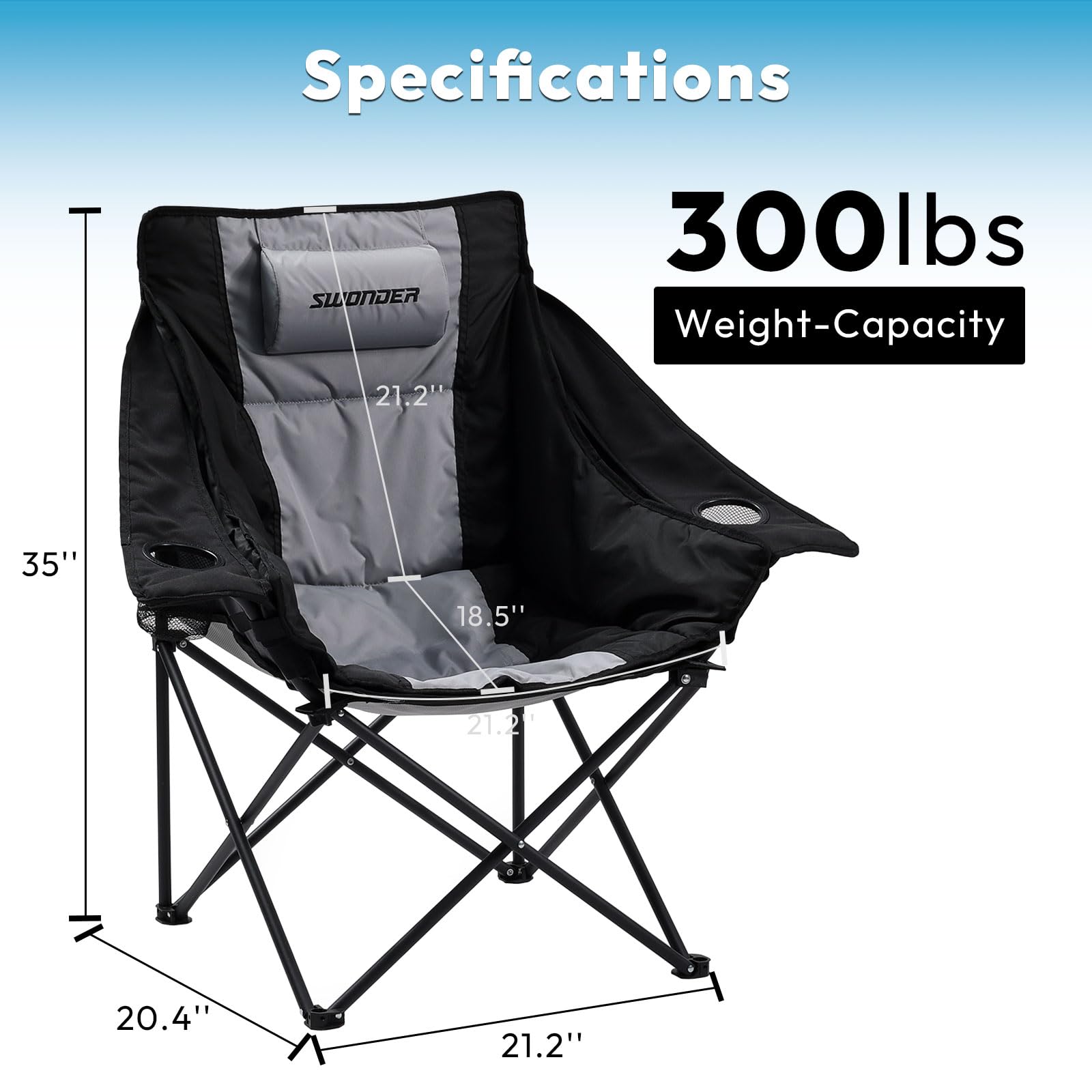 Swonder Oversized Moon Camping Chair with Innovative 2-in-1 Removable Seat Cushion for All Seasons, Heavy-Duty Fully Padded Folding Outdoor Chair with Headrest and Carry Bag