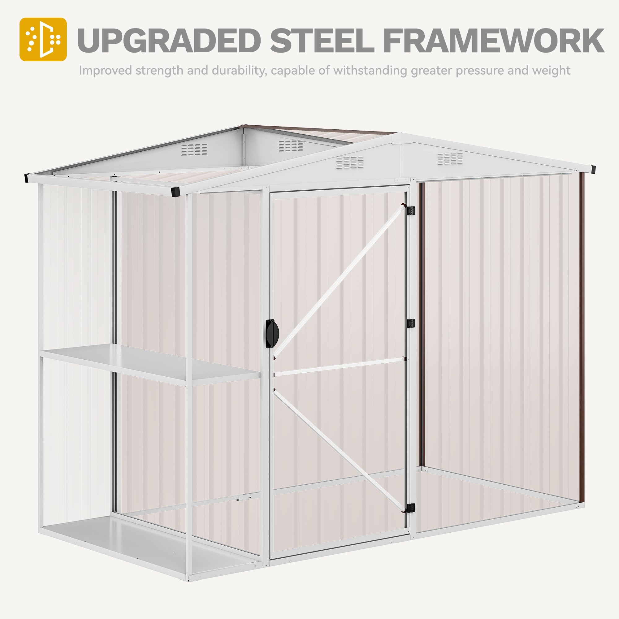 DWVO 8 x 4 ft Outdoor Storage Shed with 2-Tier Shelf, Metal Tool Shed & Garden Storage Cabinet for Backyard, Patio, Equipment & Bike, Brown