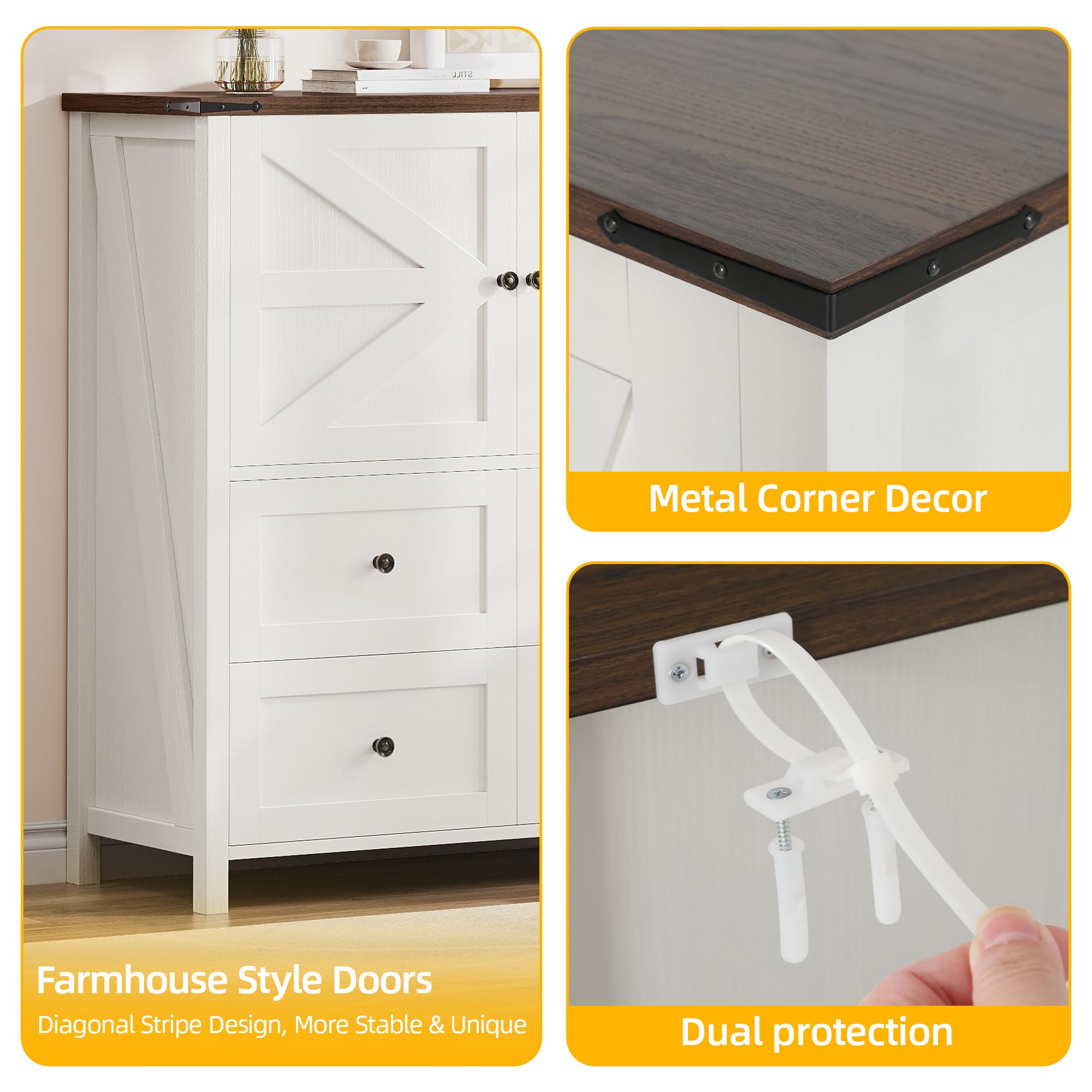 DWVO 4 Drawer Dresser - Farmhouse Chest of Drawers for Bedroom, 37" Tall Modern Dresser Cabinet Barn Doors with Adjustable Shelf, Wood Storage Organizer for Living Room, Hallway, Closet, White