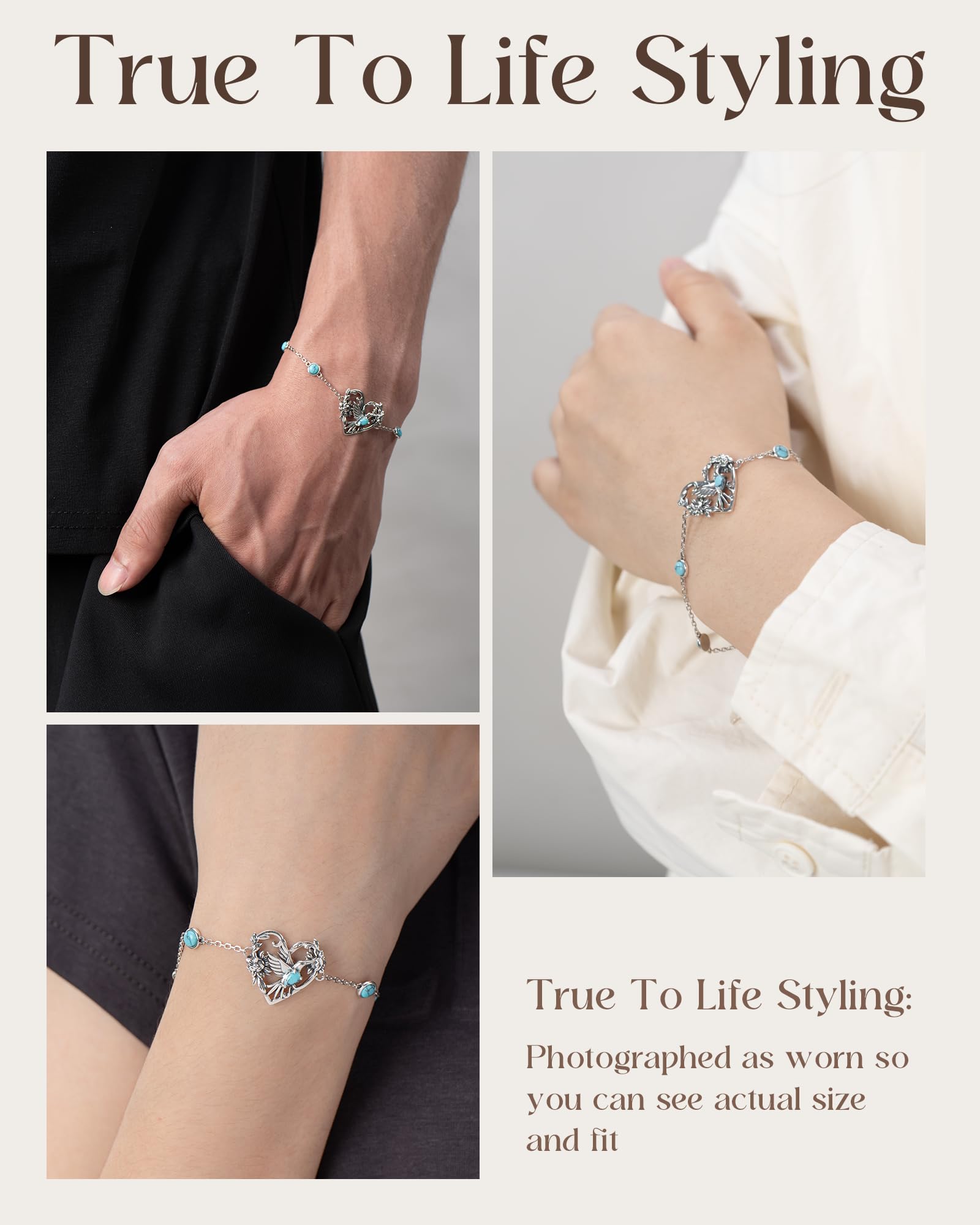 S925-Sterling-Silver Turquoise Dragonfly Sunflower/Hummingbird/Cross/Anchor Bracelet - Vintage Bohemian Bracelets Victorian Style Jewelry Christmas Birthday Gifts for Women (Hummingbird)