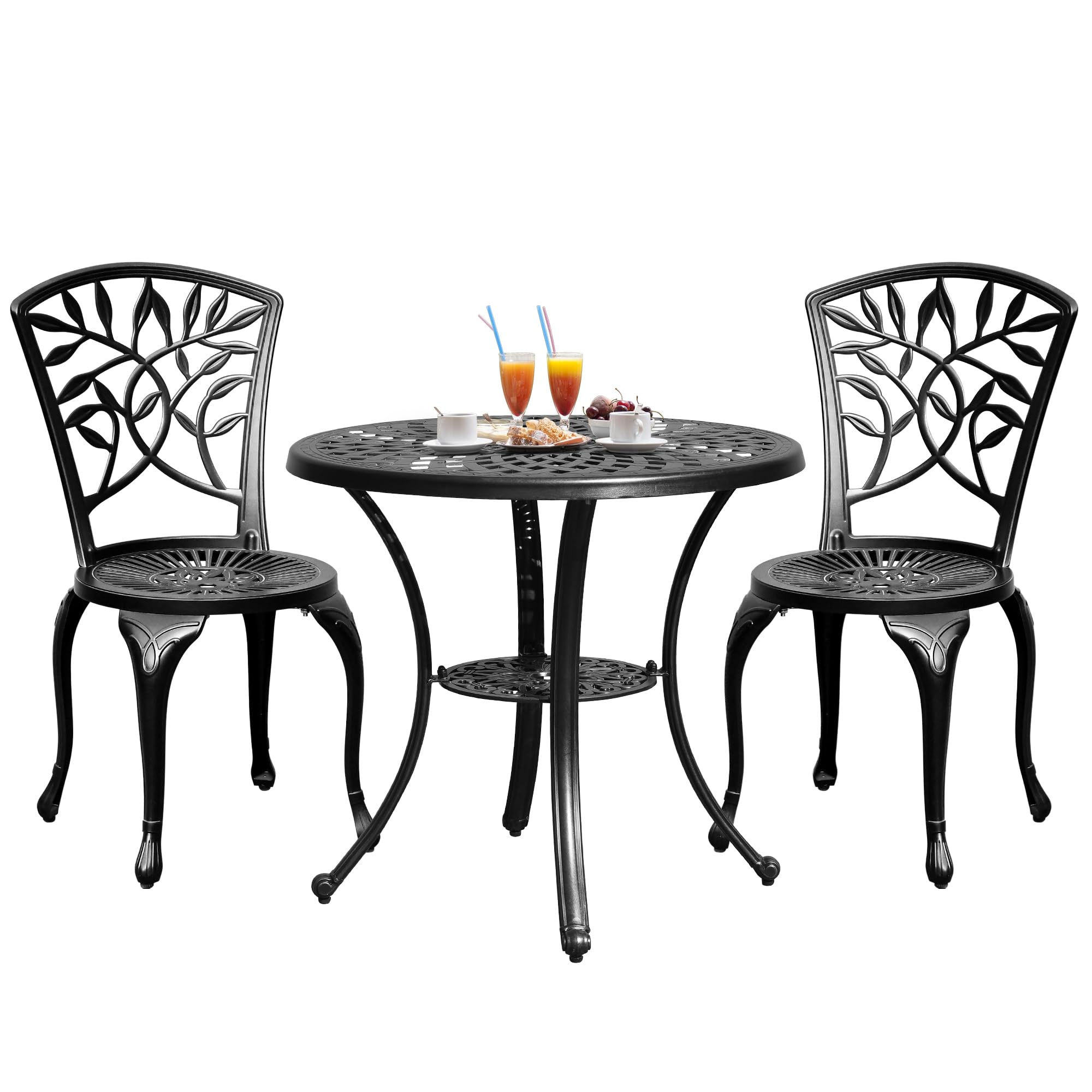 DWVO 5 Piece Outdoor Cast Aluminum Patio Dining Sets with 2 Chairs, 30 Inches Round Table with Umbrella Hole, All-Weather Patio Conversation Sets with Adjustable Feet for Balcony Backyard Garden