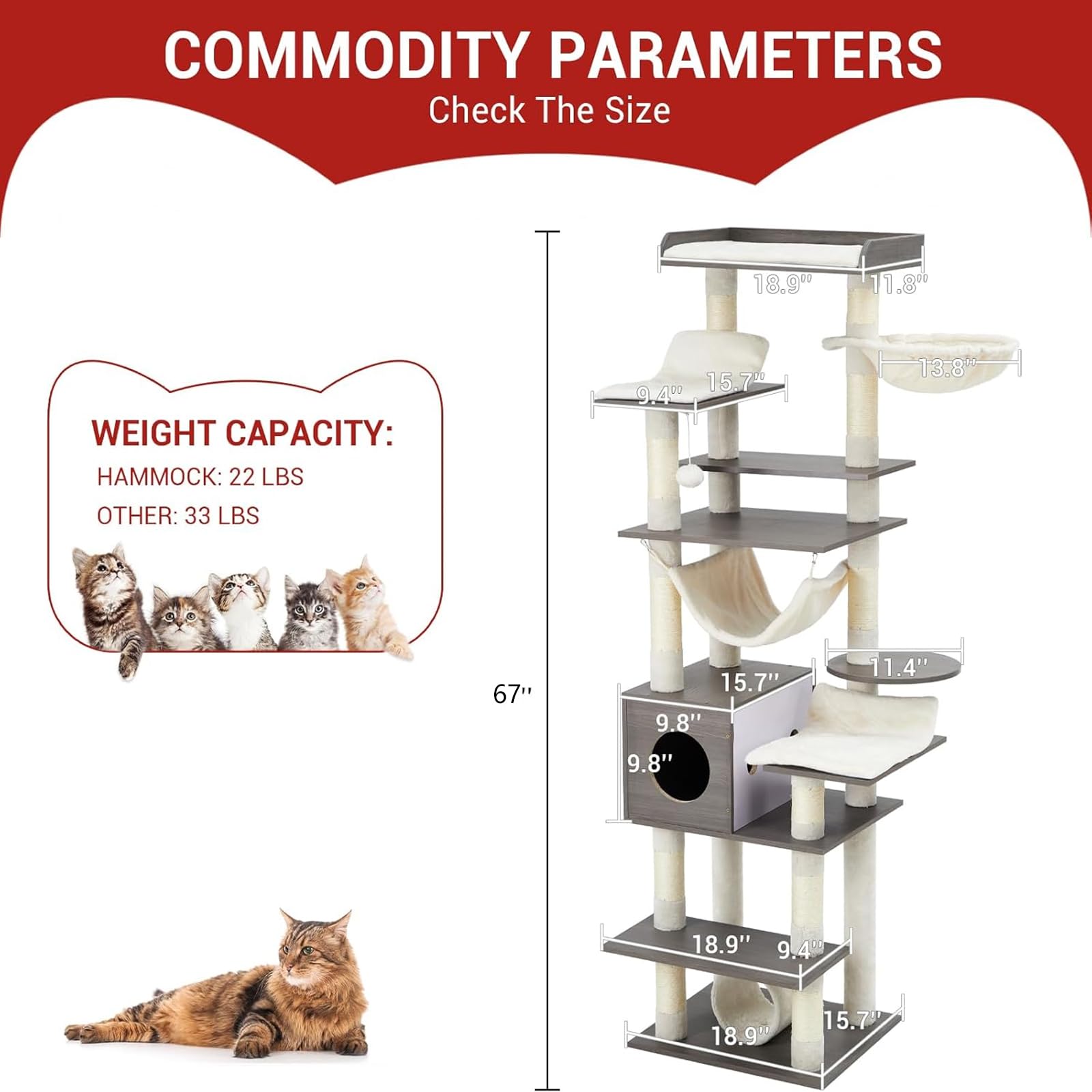 GOCAPTAIN 67" Large Cat Tree for Big Cats,Multi-Level Tower with Scratching Posts, Condo, Perches, Hammock, Tunnel & Feeding Station,Retro Dark Gray