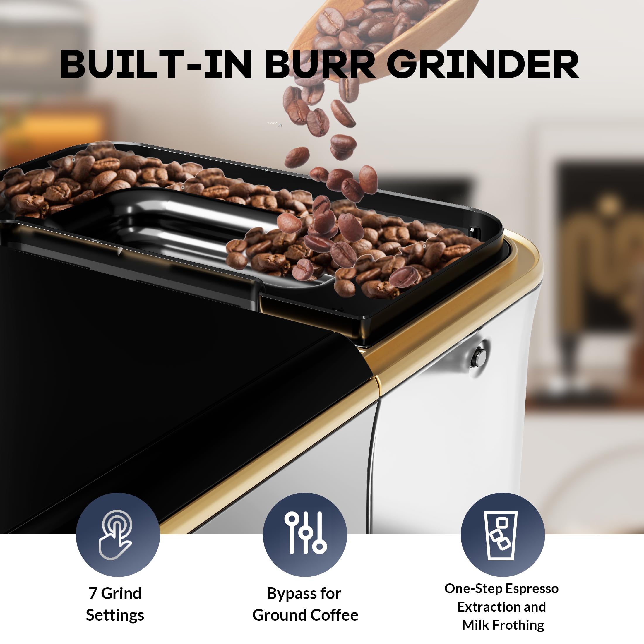 Super Automatic Espresso Machine 20 Bar With Milk Frother, Fully Automatic Bean to Cup Espresso Cappuccino and Latte Iced Coffee Maker Built-In Burr Grinder, Milk Container, Intuitive Touch Display