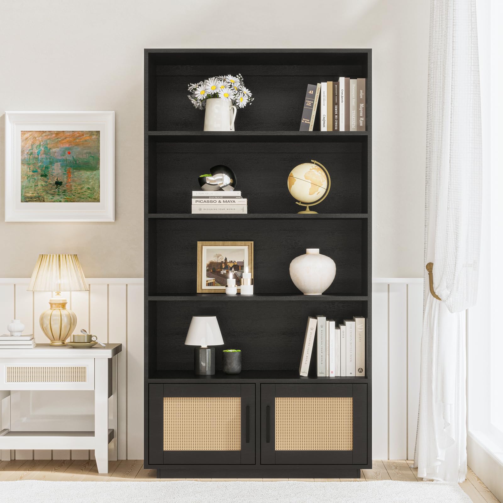 GarveeHome 5 Tier Bookshelf, Boho Bookcase with Rattan Doors, Wooden Bookcase and Bookshelf with Storage, Tall Book Stand, Large Bookshelf for Living Room, Bedroom, Home Office, Kitchen
