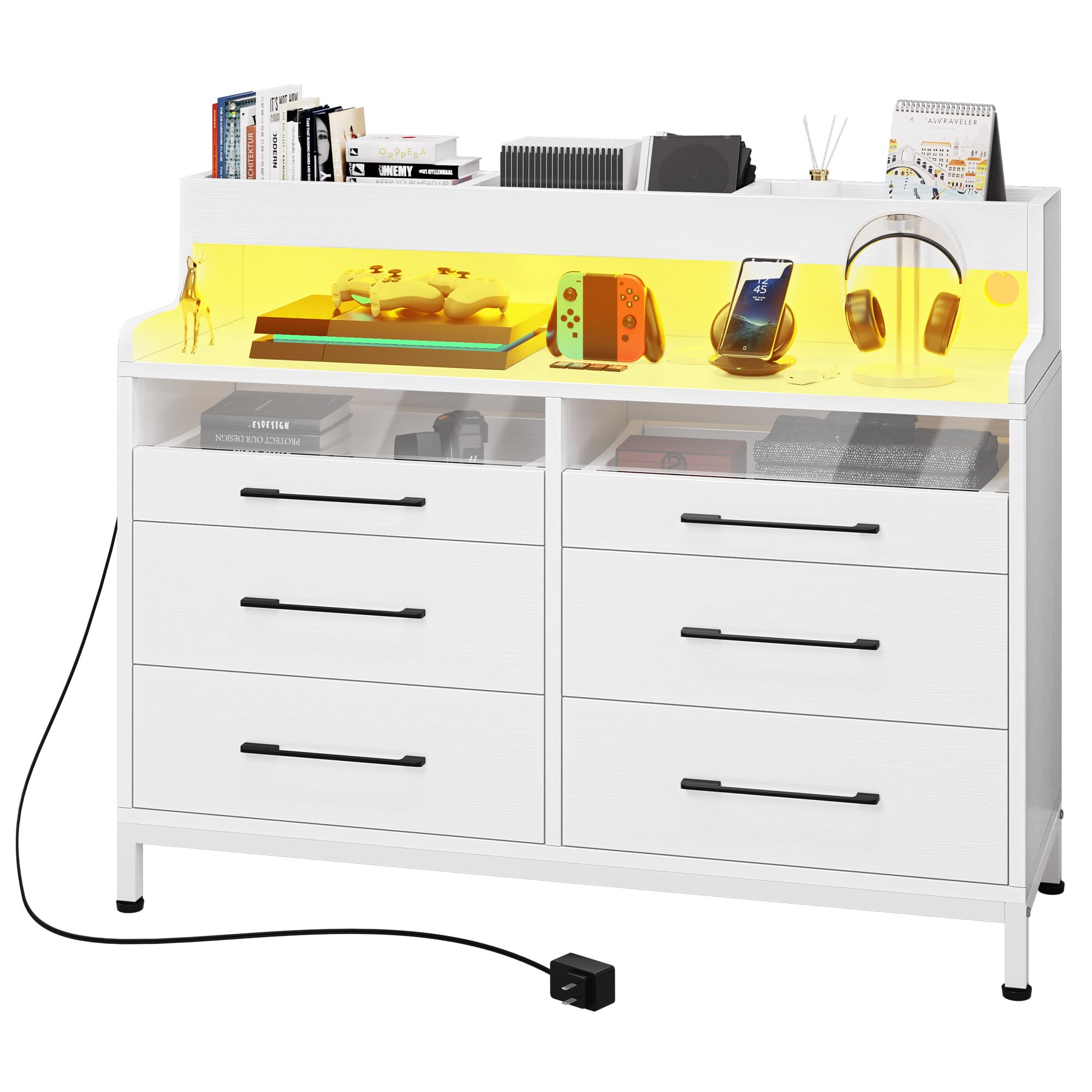DWVO 6 Drawer Dressers with LED Light, Dresser & Chests of Drawers with Charging Station, Modern Dresser with Open Shelf Storage for Room, Entryway, Hallway, White
