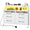 DWVO 6 Drawer Dressers with LED Light, Dresser & Chests of Drawers with Charging Station, Modern Dresser with Open Shelf Storage for Room, Entryway, Hallway, White