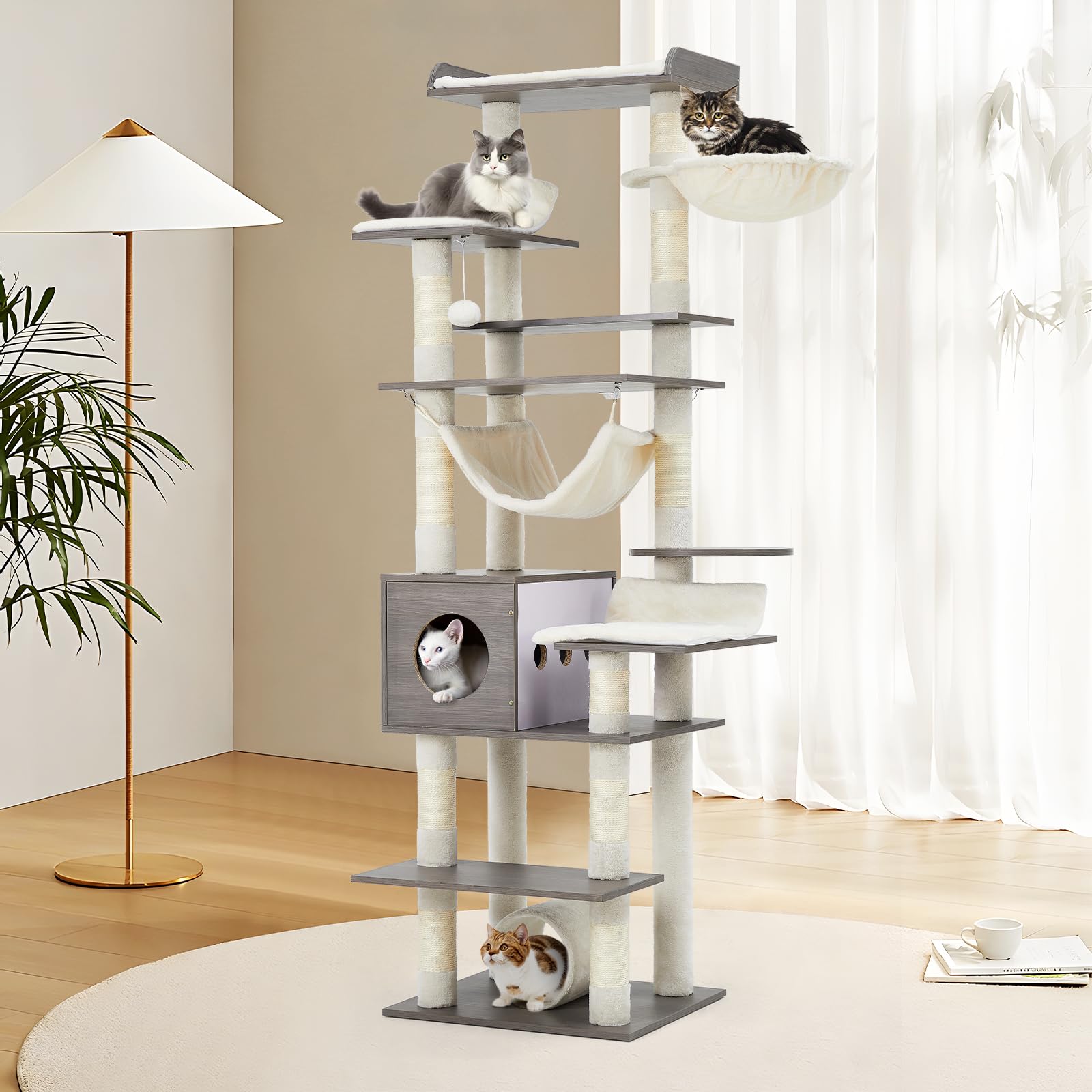 GOCAPTAIN 67" Large Cat Tree for Big Cats,Multi-Level Tower with Scratching Posts, Condo, Perches, Hammock, Tunnel & Feeding Station,Retro Dark Gray