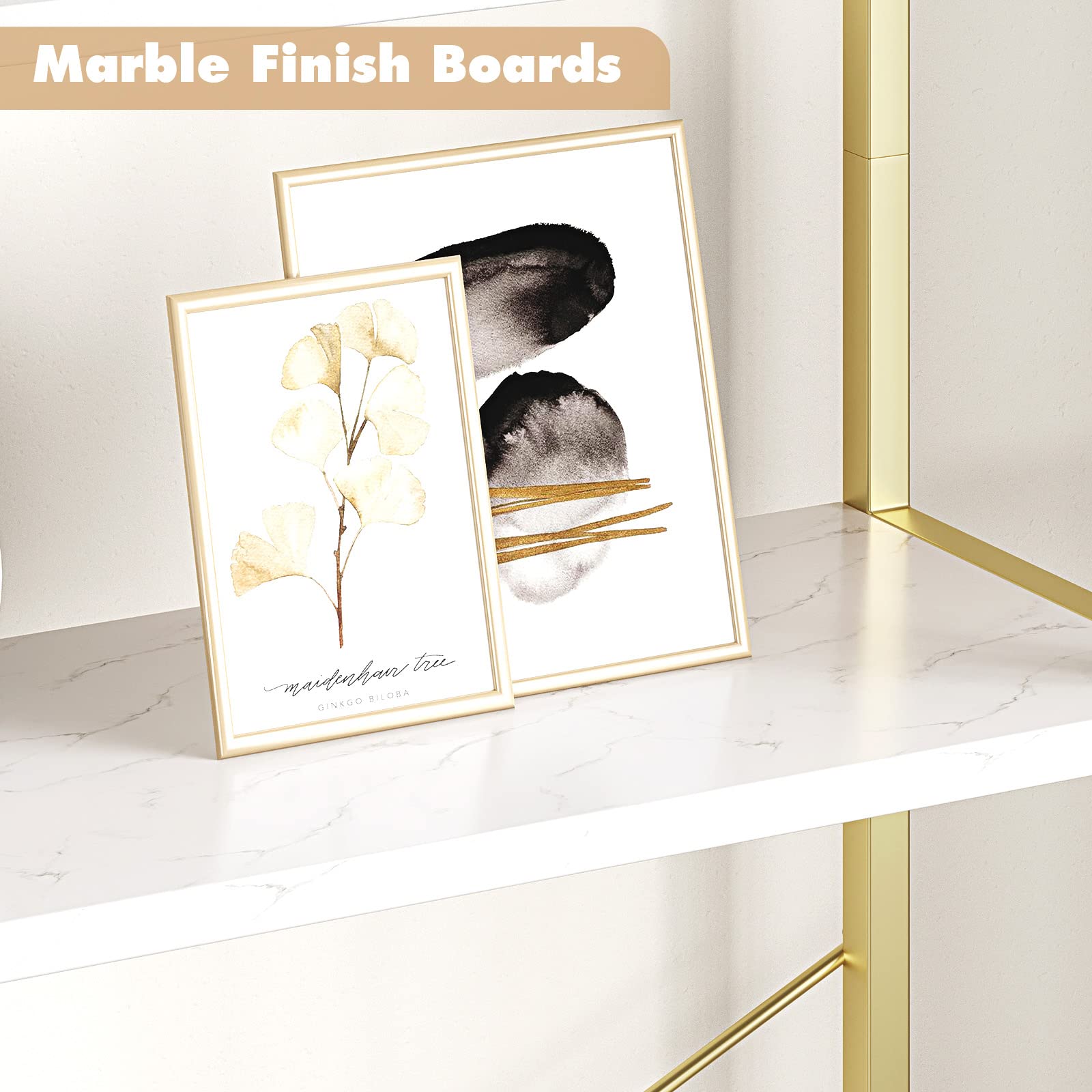 GarveeHome Arched Bookshelf 5 Tier Tall Bookcase Modern Standing Bookshelves Metal Storage Rack Shelf Wood Book Shelf for Bedroom, Living Room, Home Office (Gold)