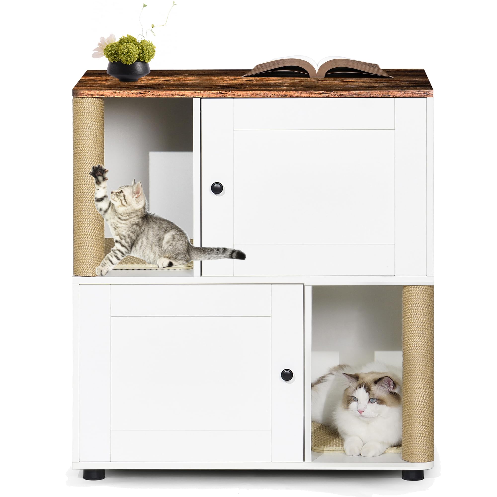 GarveeLife Cat Litter Box Enclosure for 2 Cats, Litter Box Enclosure with Double Room, Hidden Enclosed Cat Litter Box Furniture with Scratch Posts and Double-Layer Litter Mats White-A
