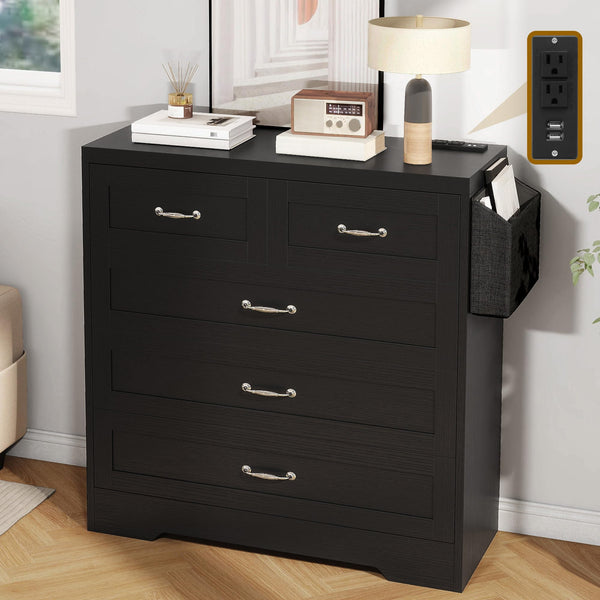 DWVO Black 5 Drawer Dresser, Vintage Double Chest of Drawers with Charging Station and Side Organizer Bag, Wood Storage Dresser with Retro Metal Handle for 300lbs for Hallway, Upgraded