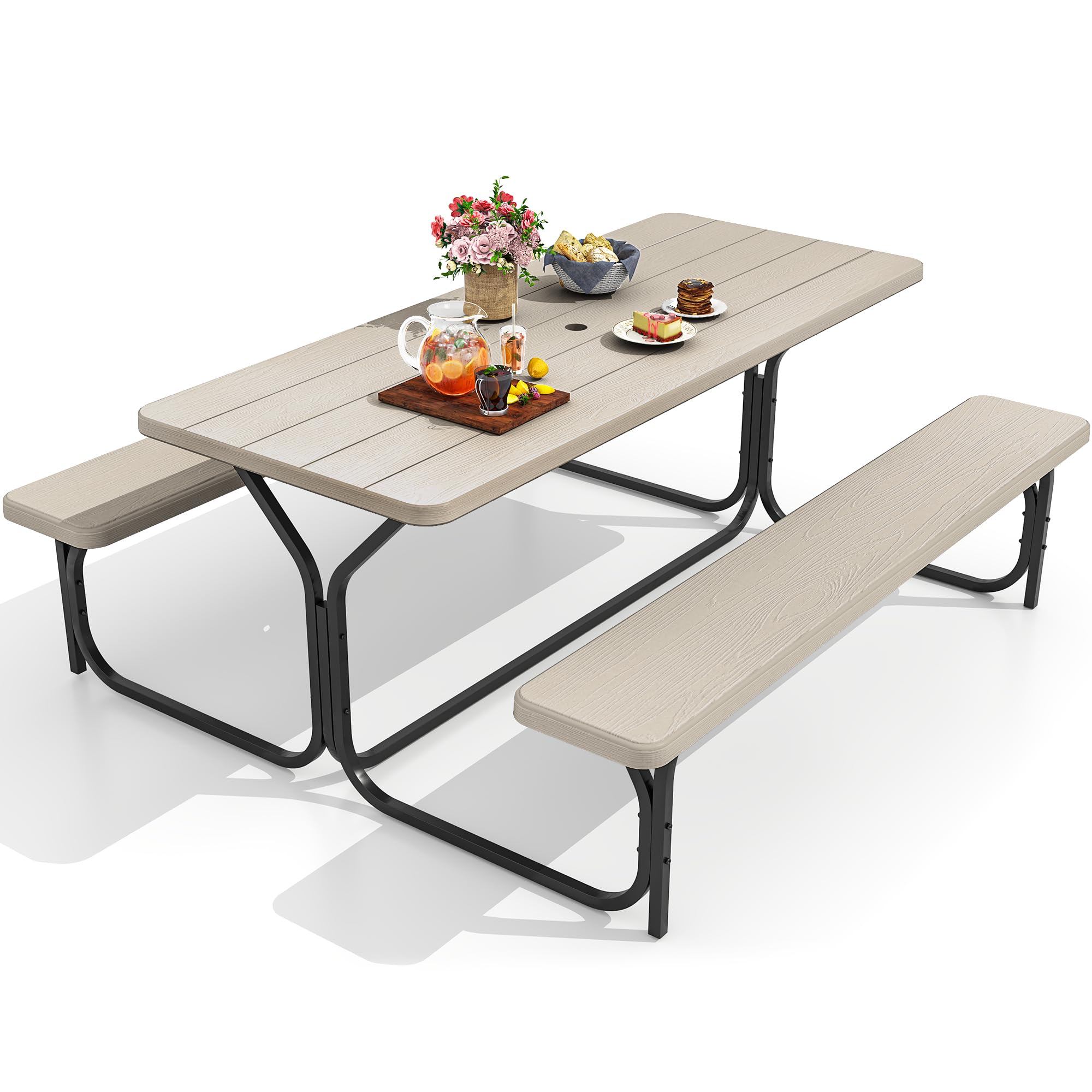 DWVO 6FT Picnic Table, Heavy Duty Outdoor Picnic Table and Bench w/Umbrella Hole, Resin Tabletop & Stable Steel Frame Ideal for Yard Patio Lawn Party, Light Brown