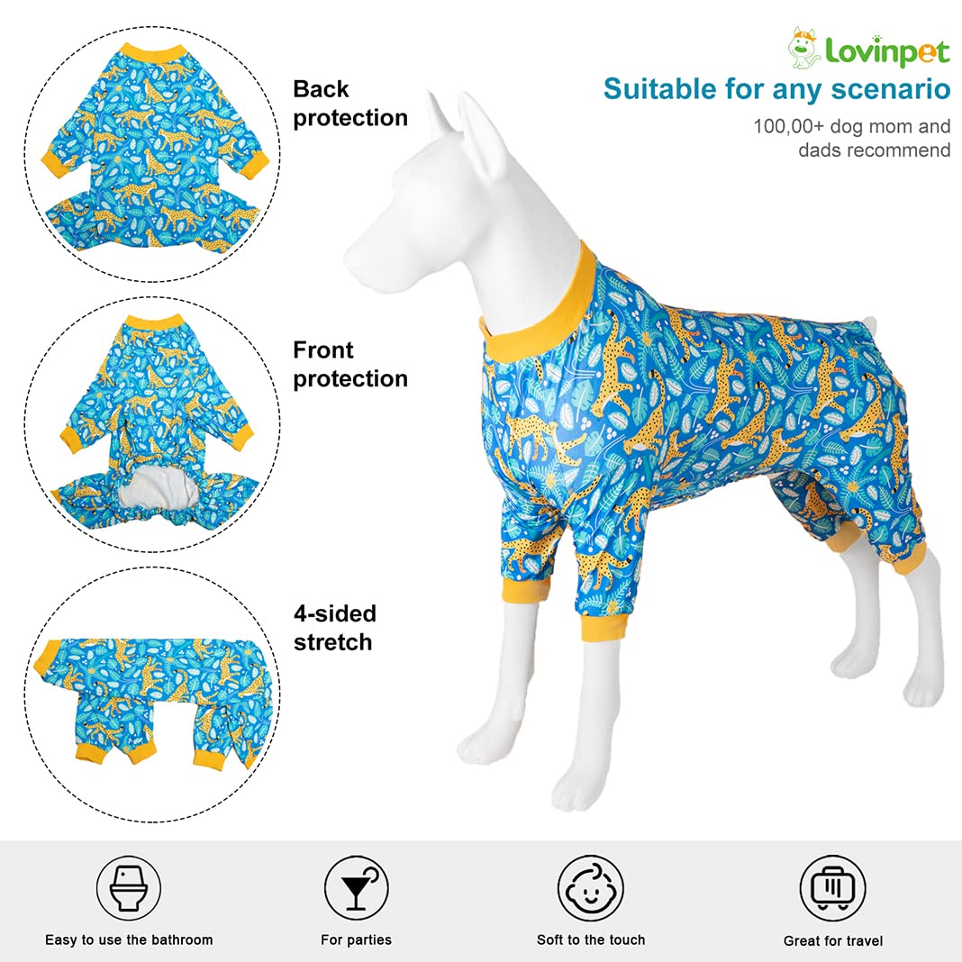 LovinPet Onsies for Dogs Large - Pet Anxiety Relief Shirt, Sun Protection, Dog Pajamas, Comfy Fabric, Bright Leopard Print, Pitbull Clothes, Recovery Shirt for Large Breed Dogs, Blue 2XL