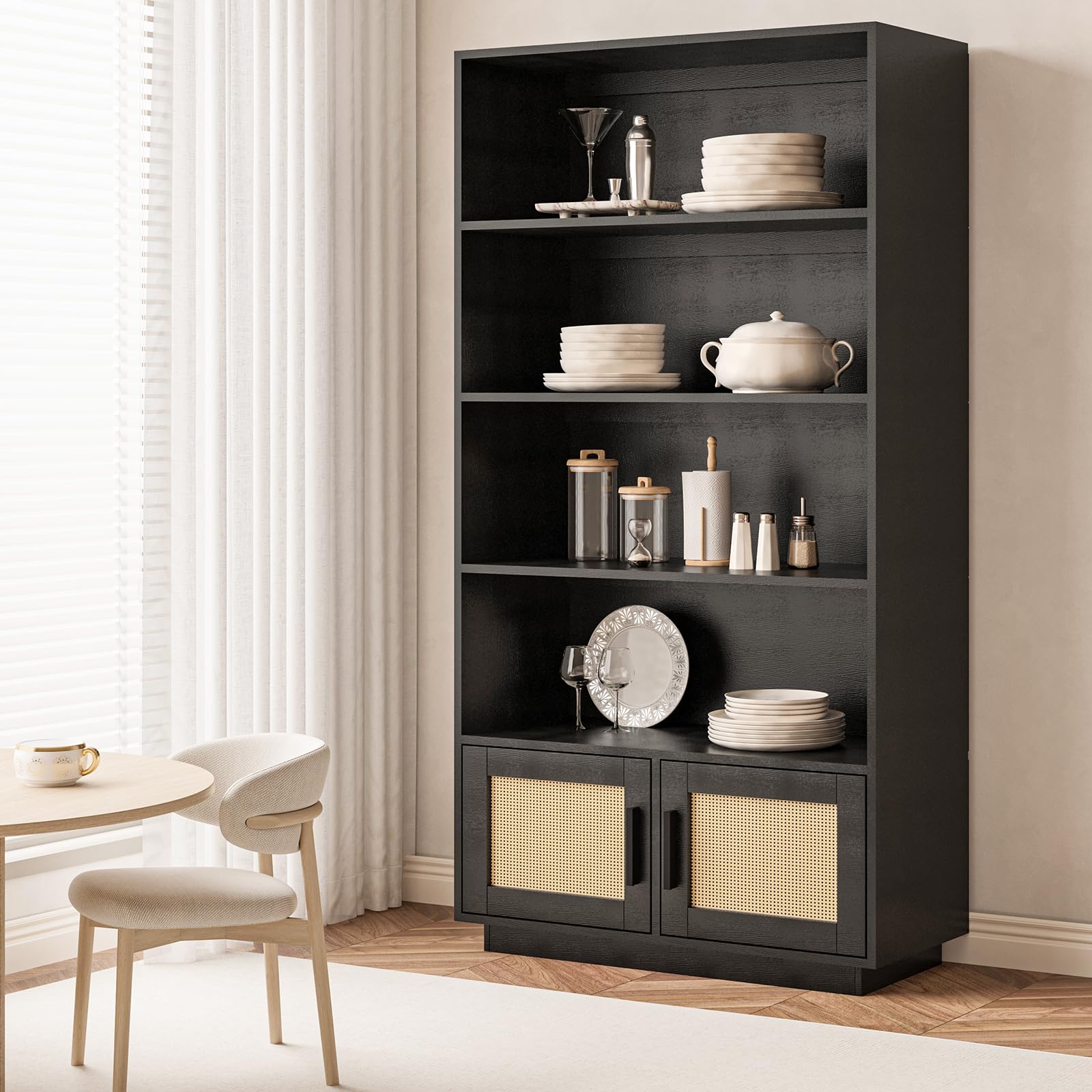 GarveeHome 5 Tier Bookshelf, Boho Bookcase with Rattan Doors, Wooden Bookcase and Bookshelf with Storage, Tall Book Stand, Large Bookshelf for Living Room, Bedroom, Home Office, Kitchen