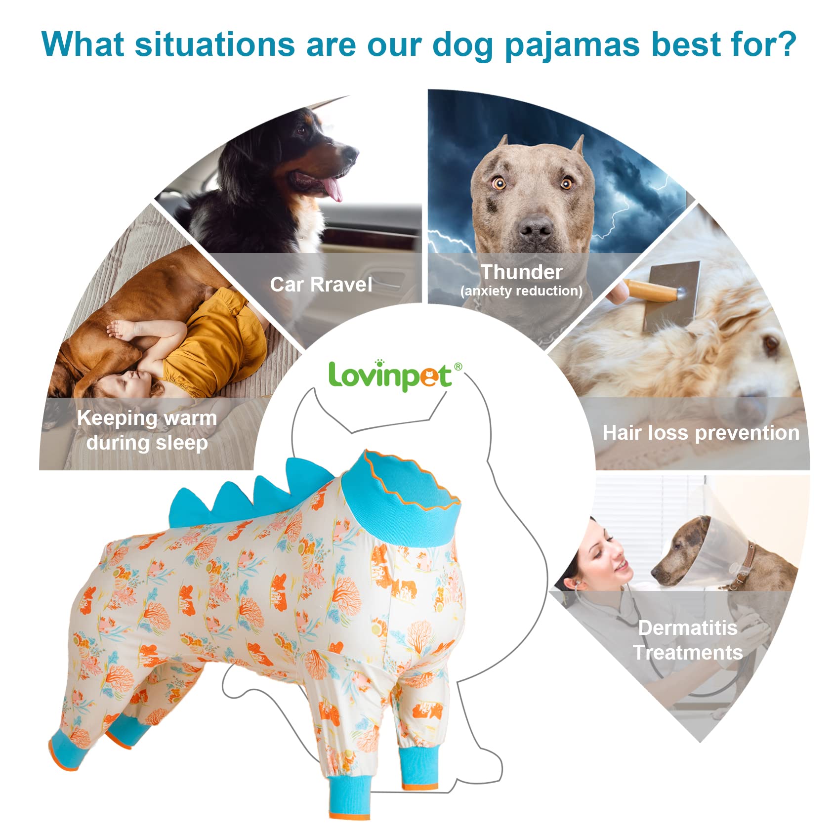 LovinPet Big Dog Jammies, Large Dog Pajamas, Anti Licking Shirt Lightweight Coral Peach Print, UV Protection Shirt, Easy to Wear Adorable Dog Onesie,Blue, Large
