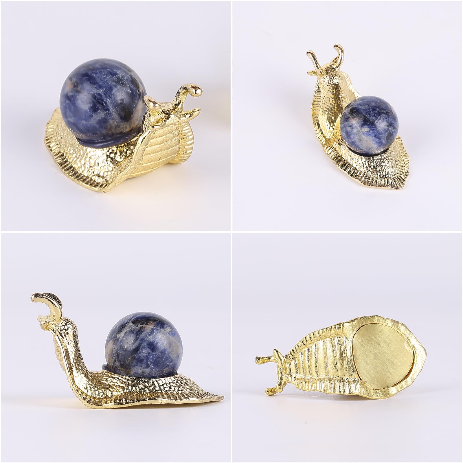 SHENGTIAN 2-Piece Set, 2-Inch Handcrafted Gold Snail Statues with 0.78-Inch Natural Sodalite Crystal Balls, Symbolizing Safety and Journey, Ideal for Desk and Home Decor (Blue-Vein)