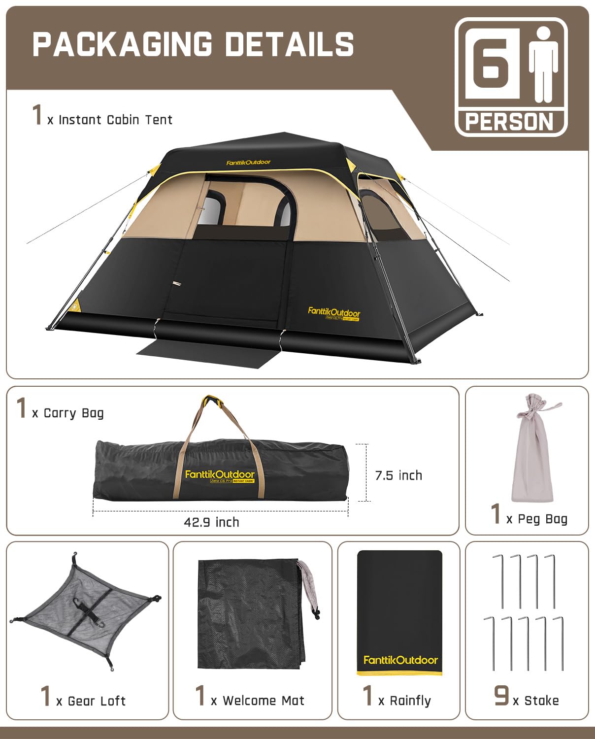 FanttikOutdoor Zeta C6 Pro Camping Tent 6 Person Instant Cabin Tent Setup in 60 Seconds with Rainfly & Windproof Portable with Carry Bag for Family Camping & Hiking, Khaki