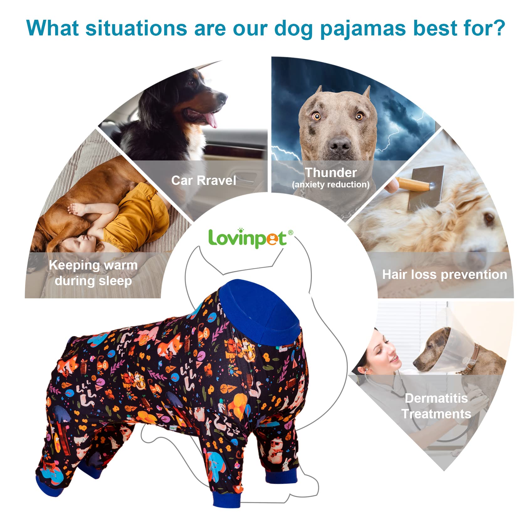 LovinPet Full Onesie for Large Dog, Lightweight Stretchy Fabric, Woodland Musicians Black Print, Pet Pajamas for Dogs, UV Protection, Lage Breed Dog Jammies, Pet PJ's, Pitbull Clothes, 2XL