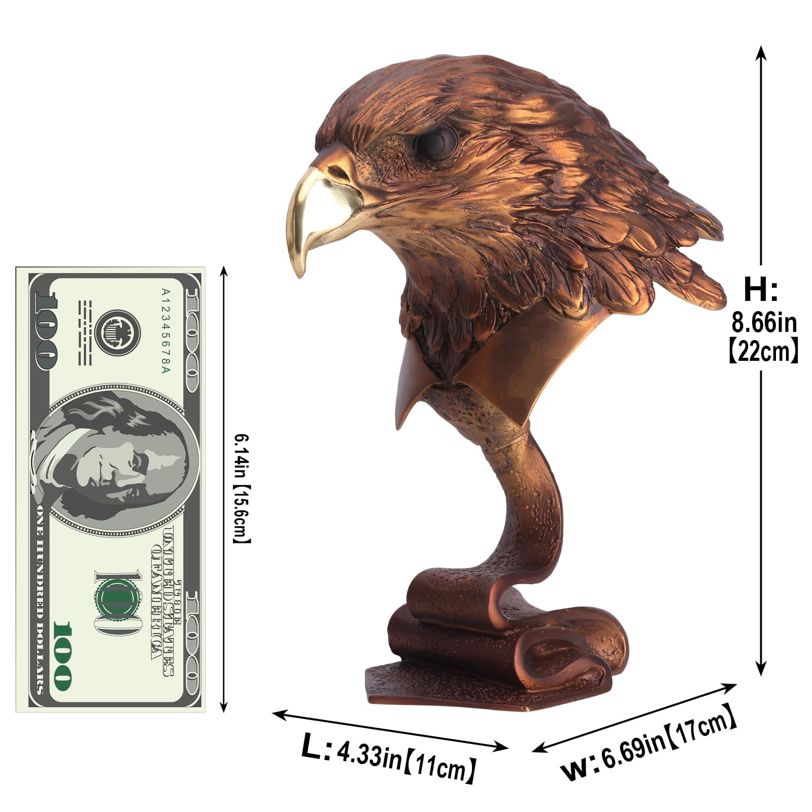 suruim Pure Copper Bald Eagle Statue Luxury Brass Home Decor Gold Sculpture Bird Decorations for The Home, Office, Study Collectible Artwork, Gift for Eagle Lovers (Brass)