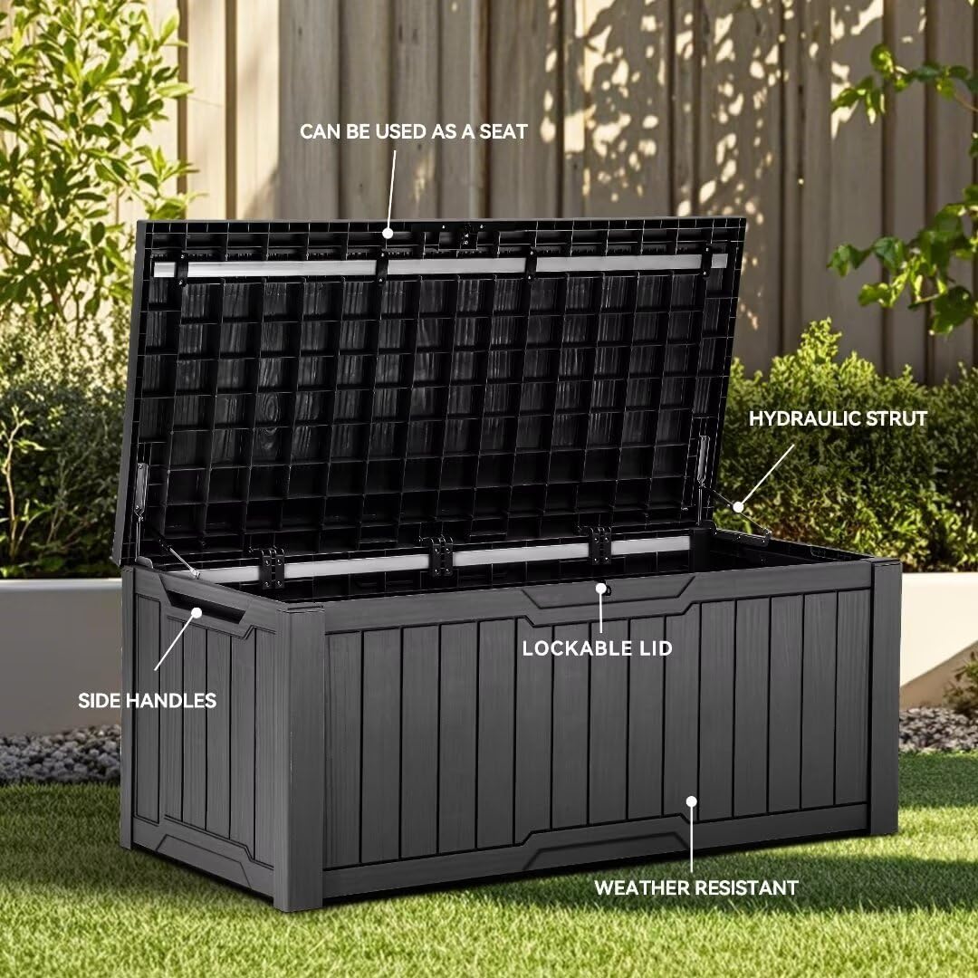 YITAHOME Outdoor Storage Box, 120 Gallon Waterproof Deck Box for Garden Tools, Patio Cushions, and Pool Accessories, Lockable, Easy Assembly, Versatile Bench or Table (Black)