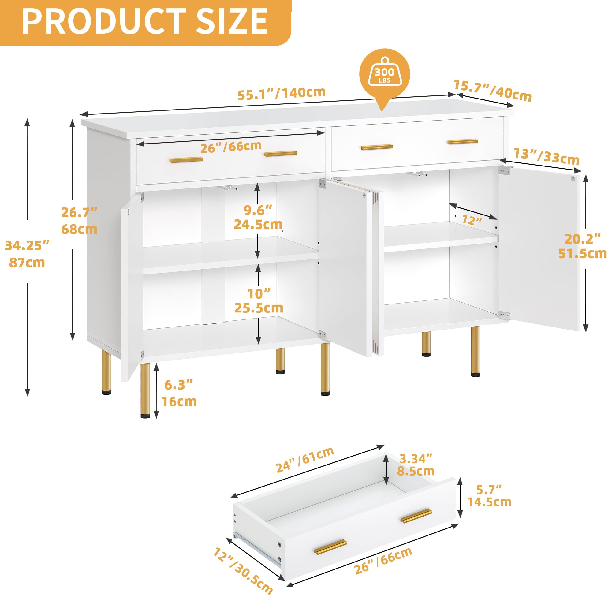DWVO 55" Sideboard Buffet Cabinet with Storage, Modern Kitchen Storage Cabinet with Doors and Drawers for Hallway, Kitchen or Living Room, White/Gold