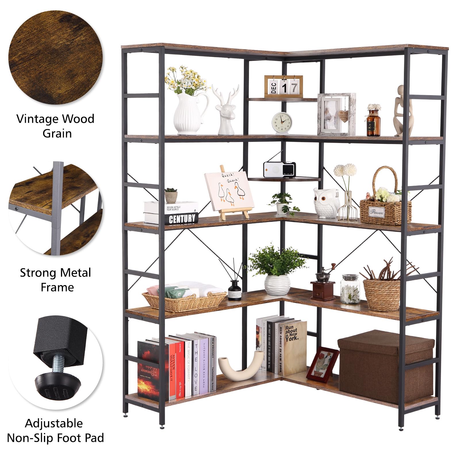GarveeHome Bookcases and Bookshelves,5-Tiers Corner Bookcase with Curved Panels,Corner Shelf L-Shaped Book Shelves Display Storage Rack with Metal Frame for Living Room Home Office, Rustic Brown