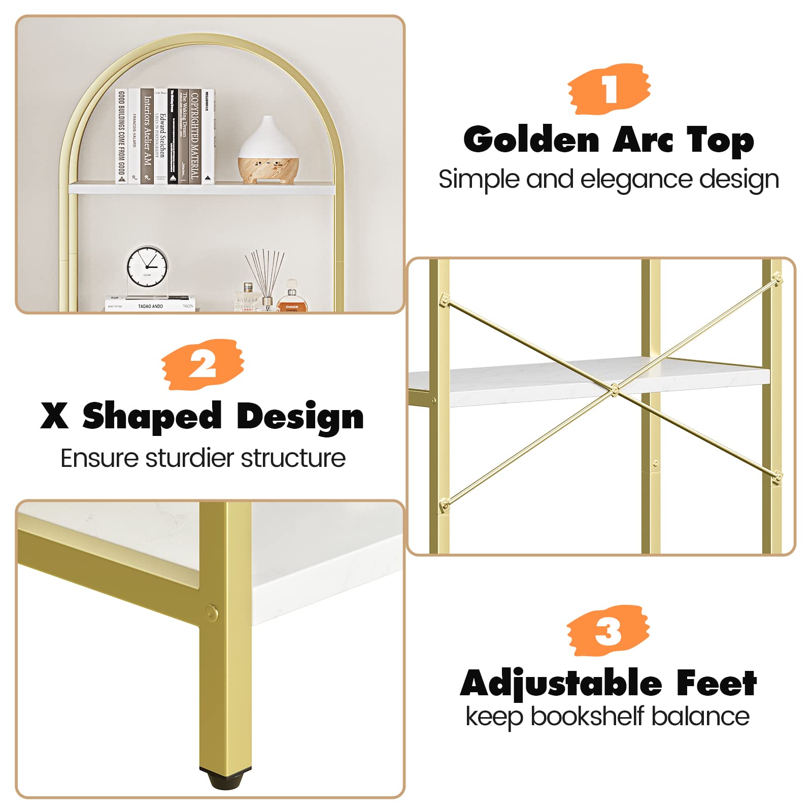 GarveeHome Arched Bookshelf 5 Tier Tall Bookcase Modern Standing Bookshelves Metal Storage Rack Shelf Wood Book Shelf for Bedroom, Living Room, Home Office (Gold)