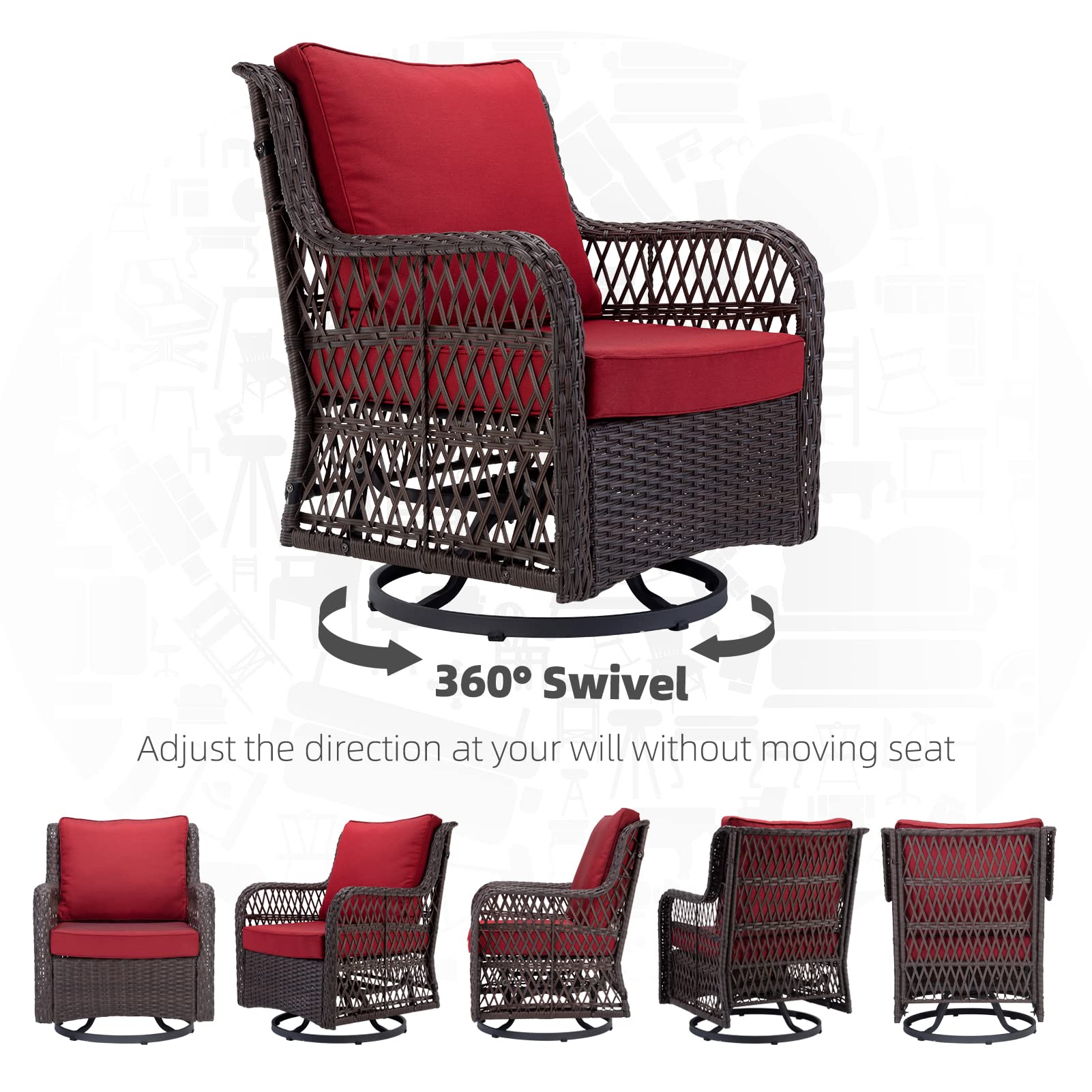 3-Piece Outdoor Wicker Patio Bistro Set w/ 2 360-Degree Swivel Rocking Chairs and Tempered Glass Top Side Table, 360° Swivel Patio Furniture for Backyard, Porch, Deck, Balcony, Garden, Red