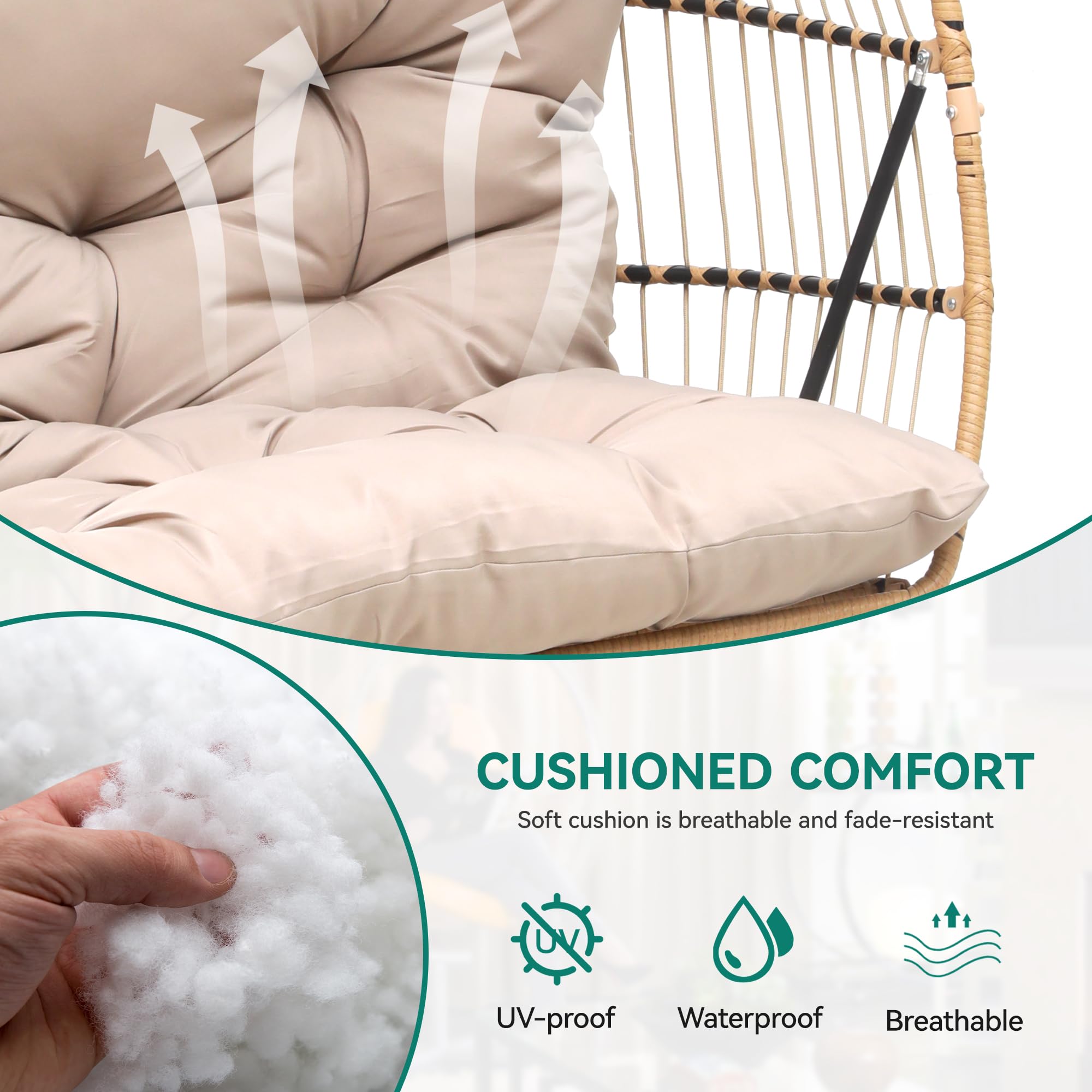 YITAHOME 2 Person Hanging Egg Swing Chair with Stand Egg Chair Wicker Indoor Outdoor Hammock with Cushions 550lbs for Patio, Bedroom, Garden and Balcony, Khaki(Stand Included)