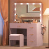 DWVO Vanity Desk with Mirror and LED Lights, Large Makeup Vanity Table Set with Power Outlet & 4 Drawers & Cushioned Stool, Dressing Table with 3 Adjustable Lighting for Dressing Room, Pink