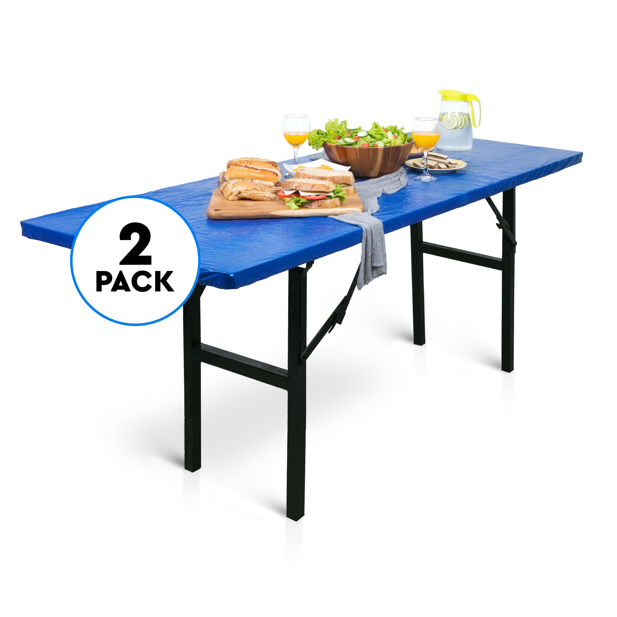 LINPRO 2Pk Plastic Table Cloths, 8ft Disposable Tablecloths for Parties & Folding Tables Waterproof Outdoor Fitted Camping Picnic Table Cover with Elastic Blue