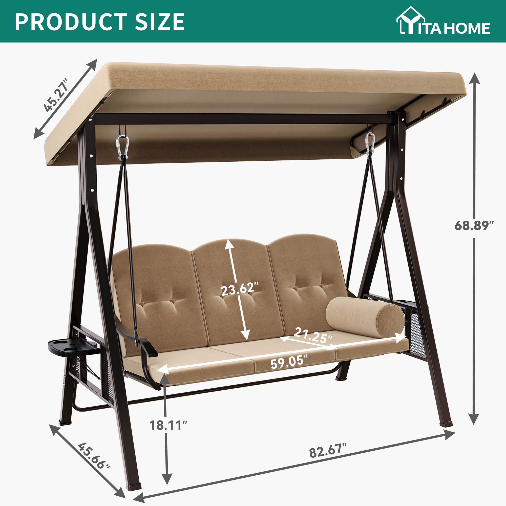 YITAHOME Porch Swing Bed 3-Seats Outdoor Patio Heavy Duty Swing Chair with Adjustable Canopy Removable Cushion, Suitable for Adult in Garden, Poolside, Balcony, Brown