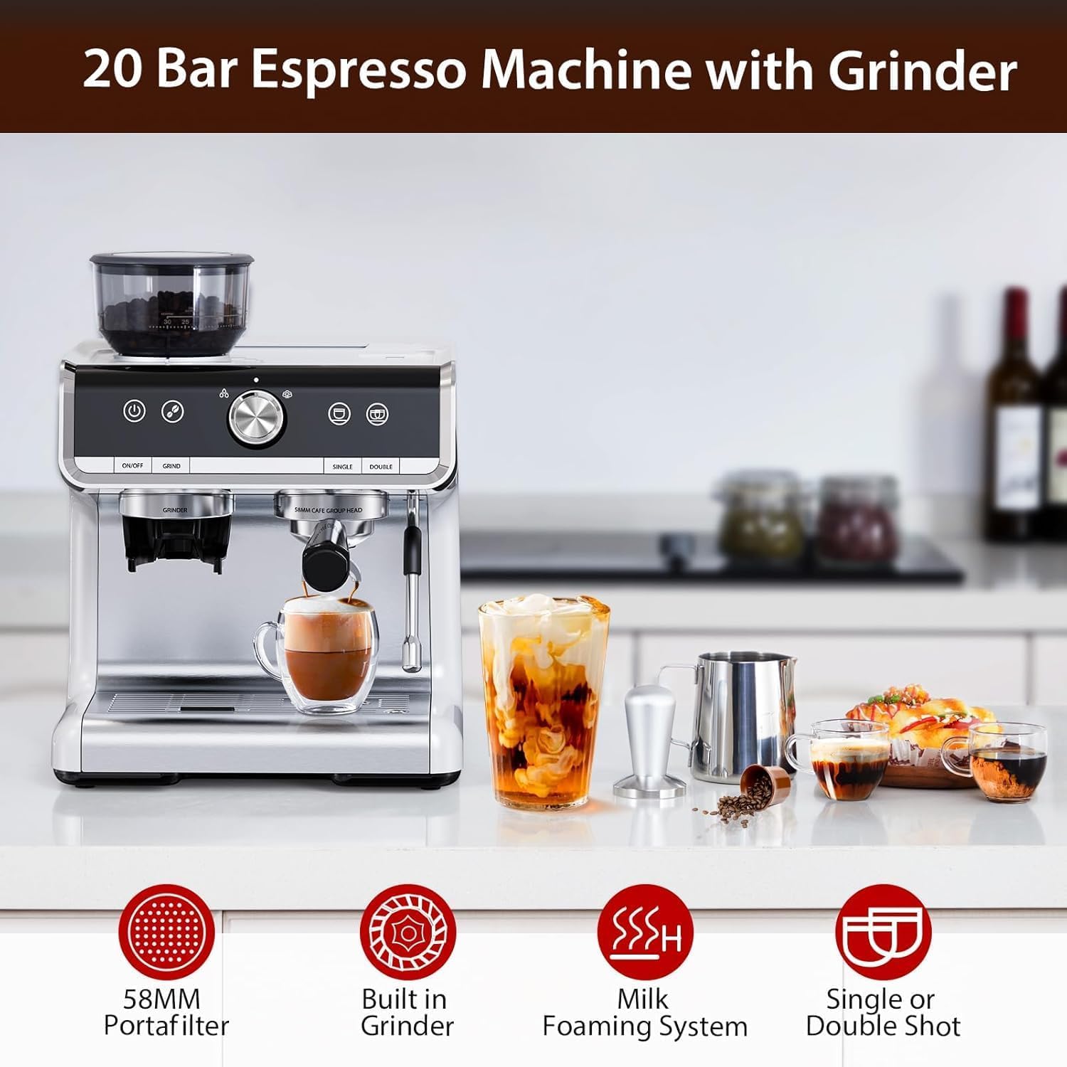 GarveeTech Semi-Automatic Espresso Machine - 1450W/20 Bar Professional Coffee Machine, 30 Grinder Settings, Fast Heating, Milk Frother Steam Wand, Home & Hotel Use, silver gray