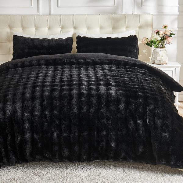 Lotus Karen Fluffy Comforter Set Cover Set-Rabbit Fluff Faux Fur Duvet Cover Full Size,Black Plush Fuzzy Comforter Set Furry Bedding Sets 3Pieces(1 Duvet Cover & 2 Pillow Shams),Zipper Closure