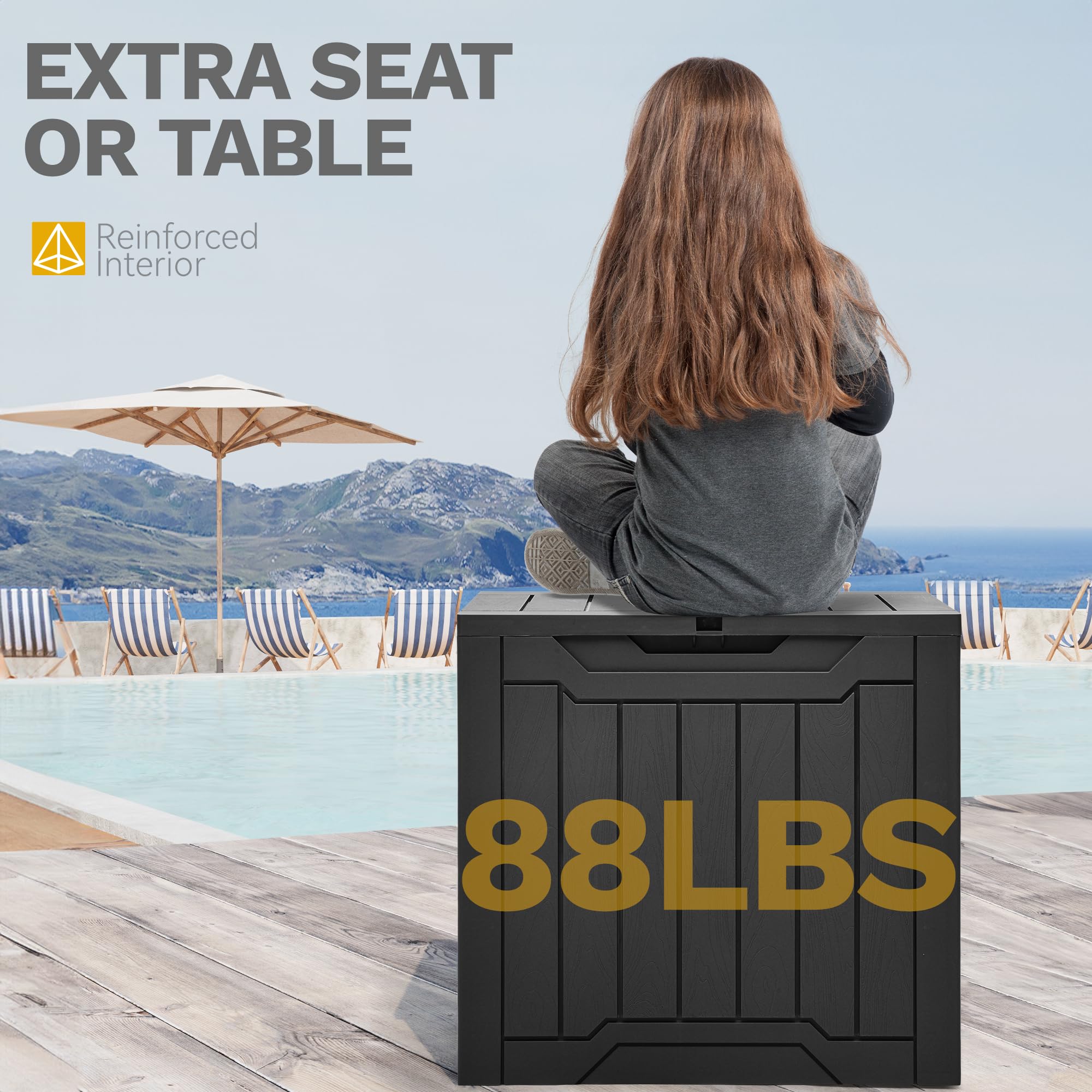 DWVO 30 Gallon Outdoor Storage Box with Side Handles and Lockable Lid, Weatherproof Resin Deck Box for Patio, Cushions, Garden Tools, and Supplies - Black