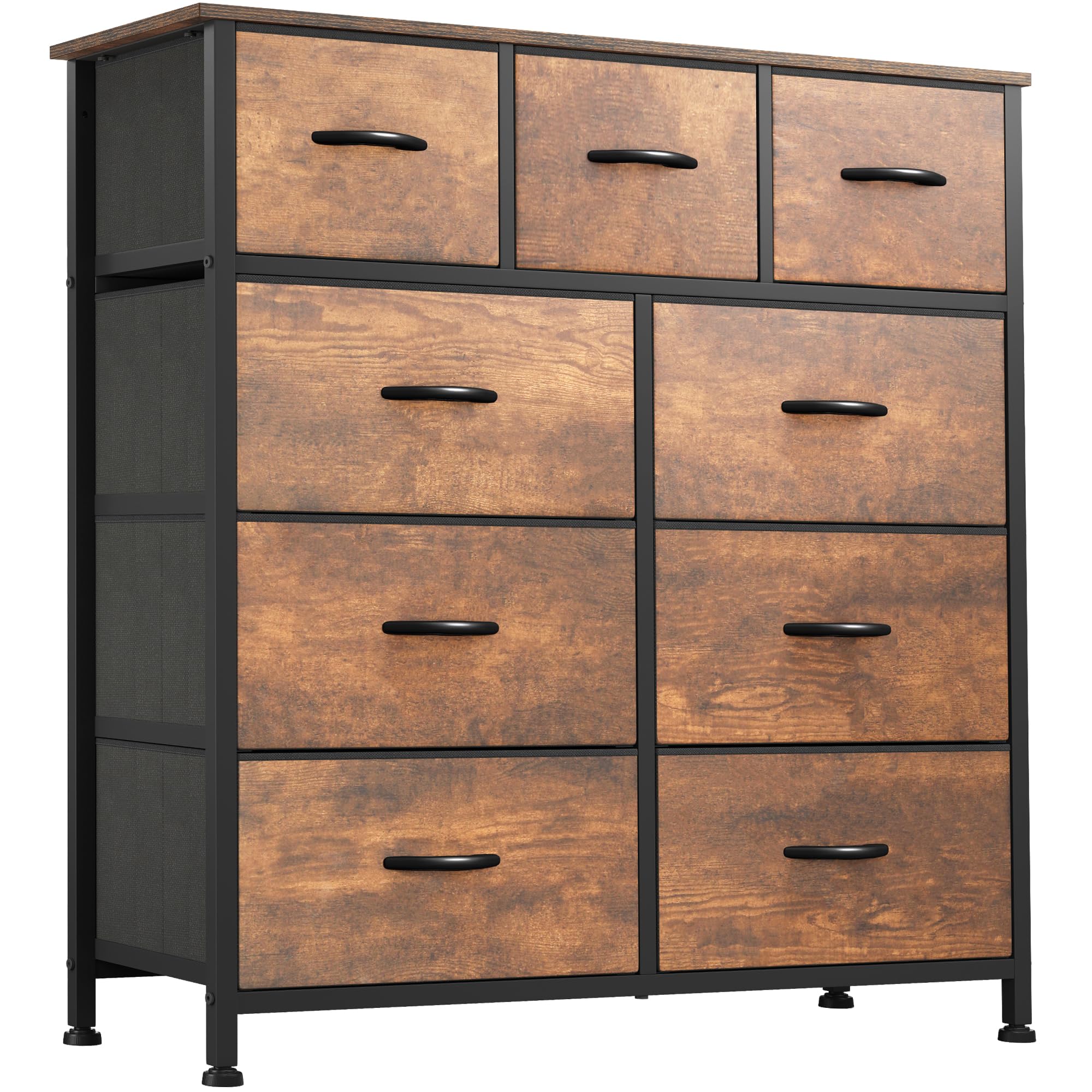 GOOBED Dresser for Bedroom with 9 Drawers - Fabric Storage Tower, Tall Chest Organizer Unit for Living Room, Entryway, Closets with Sturdy Steel Frame, Wooden Top