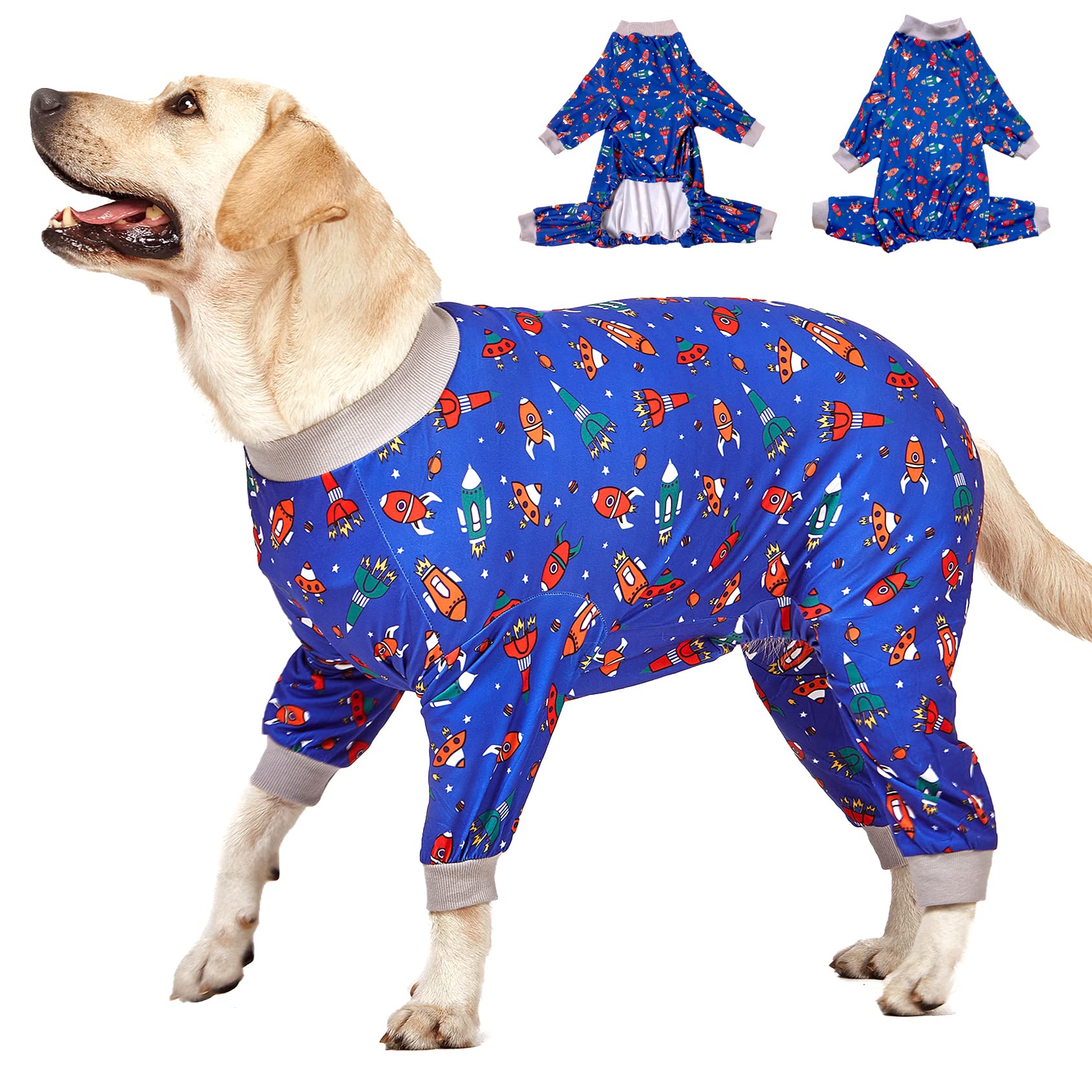LovinPet Large Dog Pajamas, Navy Rocket and Spaceship Print, Lightweight Stretchy Knit Big Dog Pullover Shirt, Stop Shedding for Dogs, Onesies for Dogs, Pet PJ's Jumpsuit, PJ's for Pitbulls, M