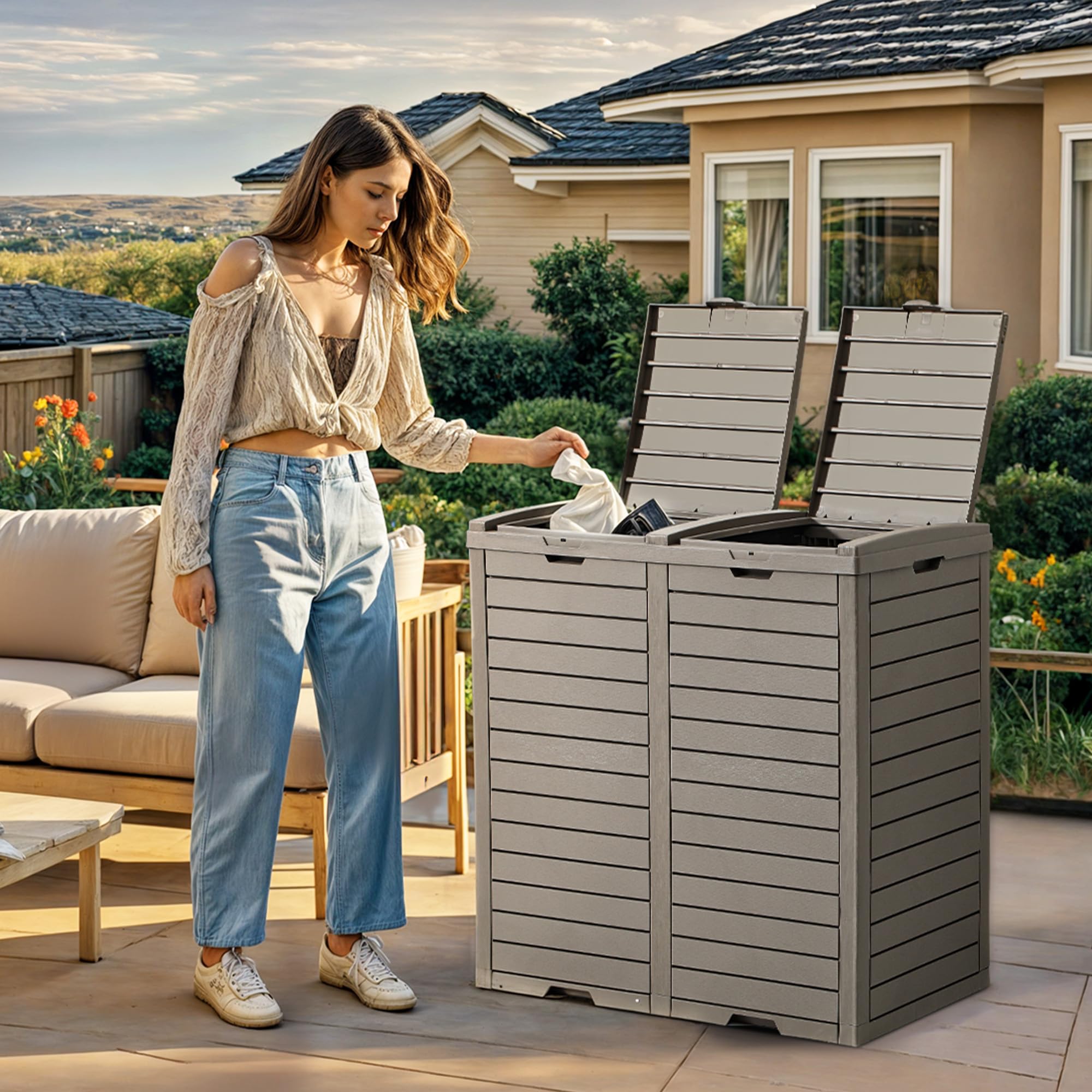 YITAHOME Outdoor Resin-Based Dual Compartment Trash Bins, 62 Gallon Capacity, Easy-to-Clean Hideaway Garbage Cans with Lid and Drip Tray (Light Brown)