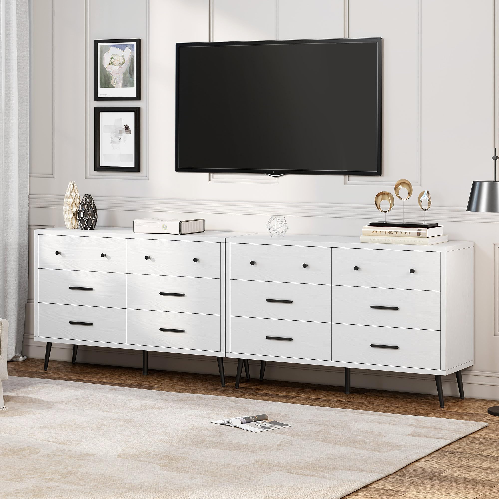 DWVO White 6 Drawers Dresser, Modern Wood Dresser Chest of Drawers with Black Metal Handle ＆ Anti-Tipping Device, Modern Storage Cabinet for Hallway, Entryway, Living Room