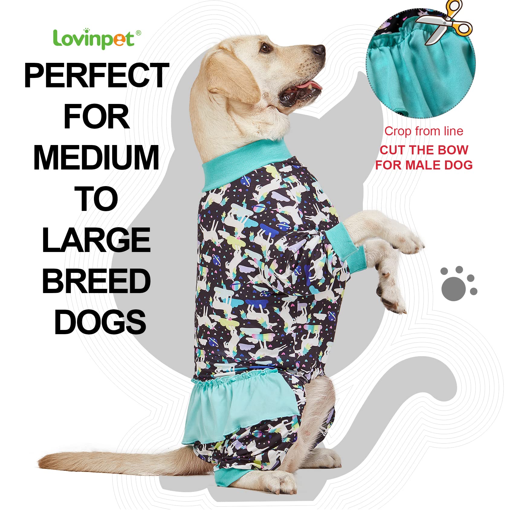 LovinPet Large Giant Dog Pajamas, Post Surgery Recovery Shirt for Large Dogs, Unicorns in Space Black Print, Lightweight Big Dogs Pullover, Full Coverage Breed Dog Jammies, Pet PJ's, L